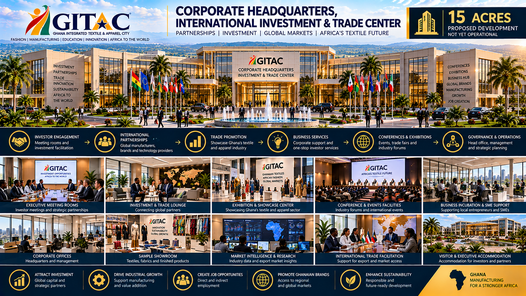 A large, modern conference and exhibition center with the sign 'GITAC Ghana Integrated Textile & Apparel City' on the front. The building is surrounded by palm trees and flags of various nations, indicating international participation. The image promotes Ghana's textile and apparel sector development with sections showcasing investment opportunities, trade promotion, exhibitions, conferences, and business support, along with images of meetings, trade lounges, showrooms, data research centers, and accommodations.