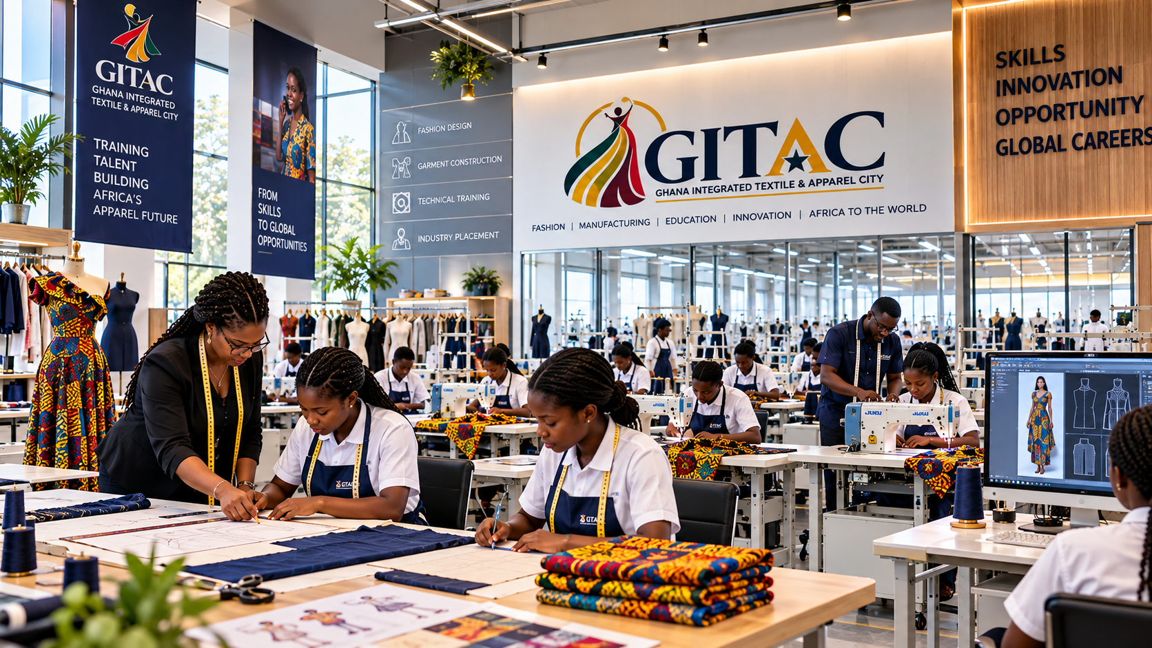 Students working on garment design and stitching at Ghana Integrated Textile and Apparel City (GITAC) facility, with mannequins dressed in colorful fabric and banners displaying GITAC's programs.