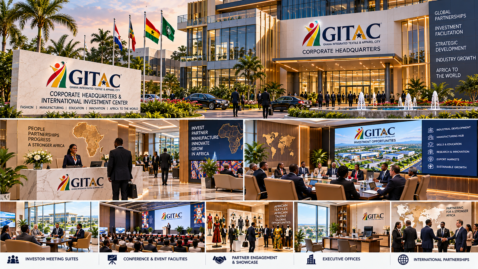 The image shows the exterior and interior of the Ghana Integrated Textile & Apparel City (GITAC) corporate headquarters. The top section features the modern building with flags, greenery, and cars outside. The middle sections depict the reception, networking areas, and conference rooms filled with businesspeople, along with large digital screens displaying GITAC's investment opportunities and development themes. The bottom section highlights different areas such as investor meeting suites, conference facilities, partner engagement zones, executive offices, and international partnerships, emphasizing a professional business environment.