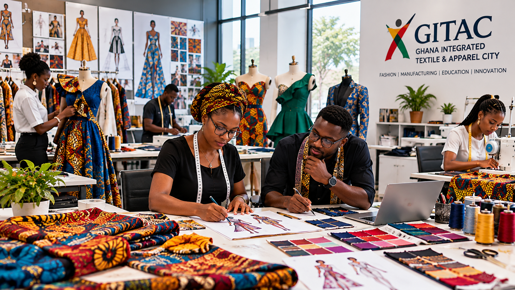 People working on fashion design and sewing in a textile and apparel workshop at GITAC Ghana Integrated Textile & Apparel City, with fabric swatches, sketches, and sewing machines, and mannequins displaying colorful dresses.
