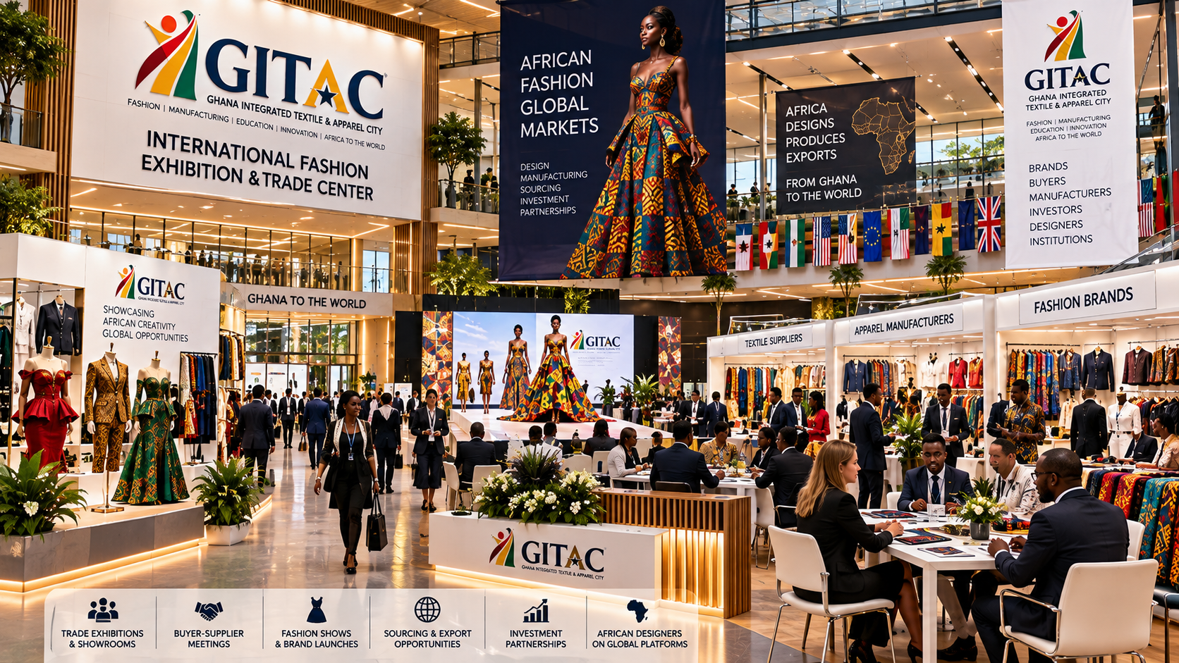Interior of GITAC Ghana Integrated Textile & Apparel City trade show with fashion displays, booths, and attendees, highlighting African fashion and international trade