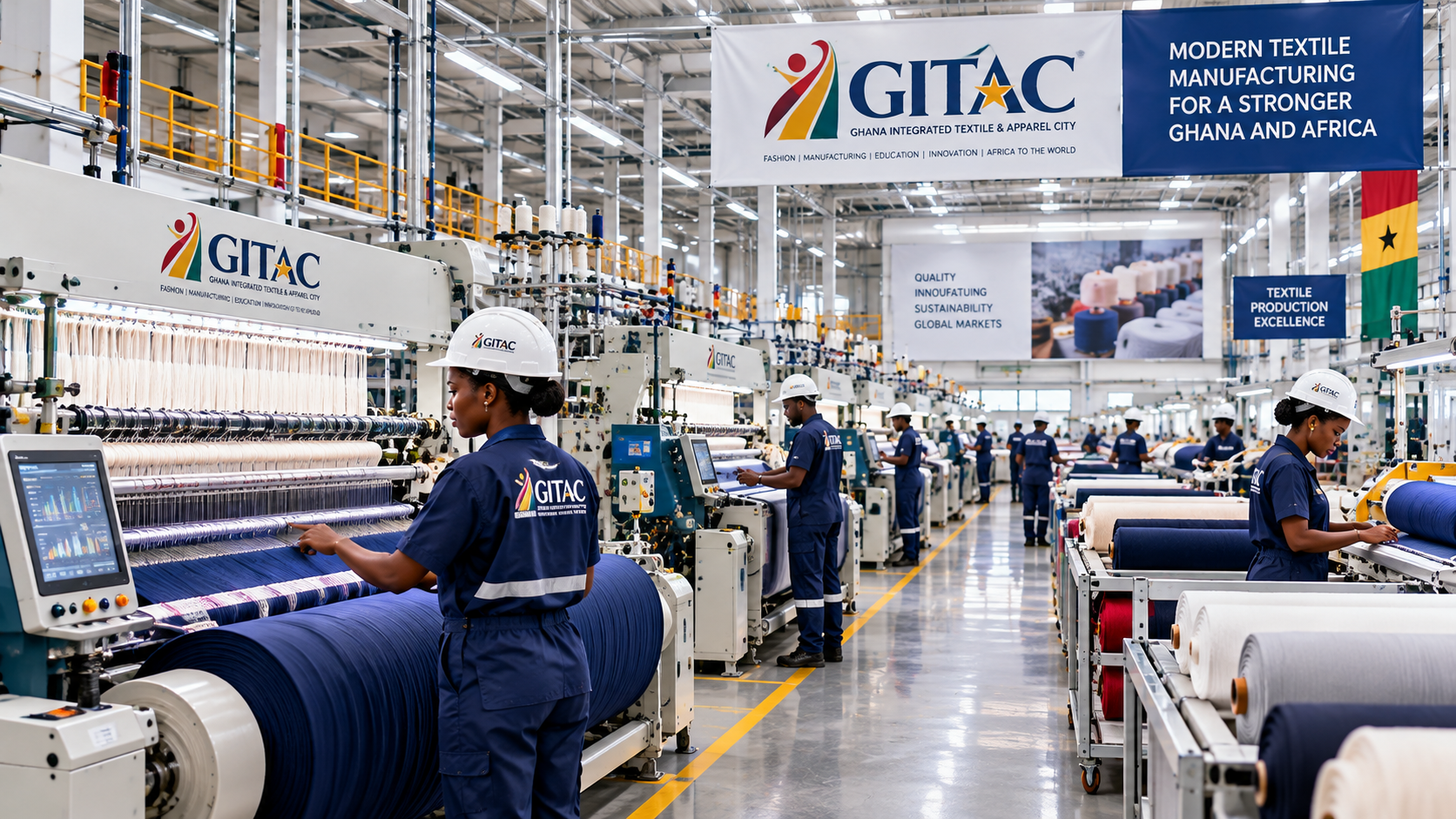 Workers operating textile machinery in a modern textile factory with signs promoting Ghana's textile industry.