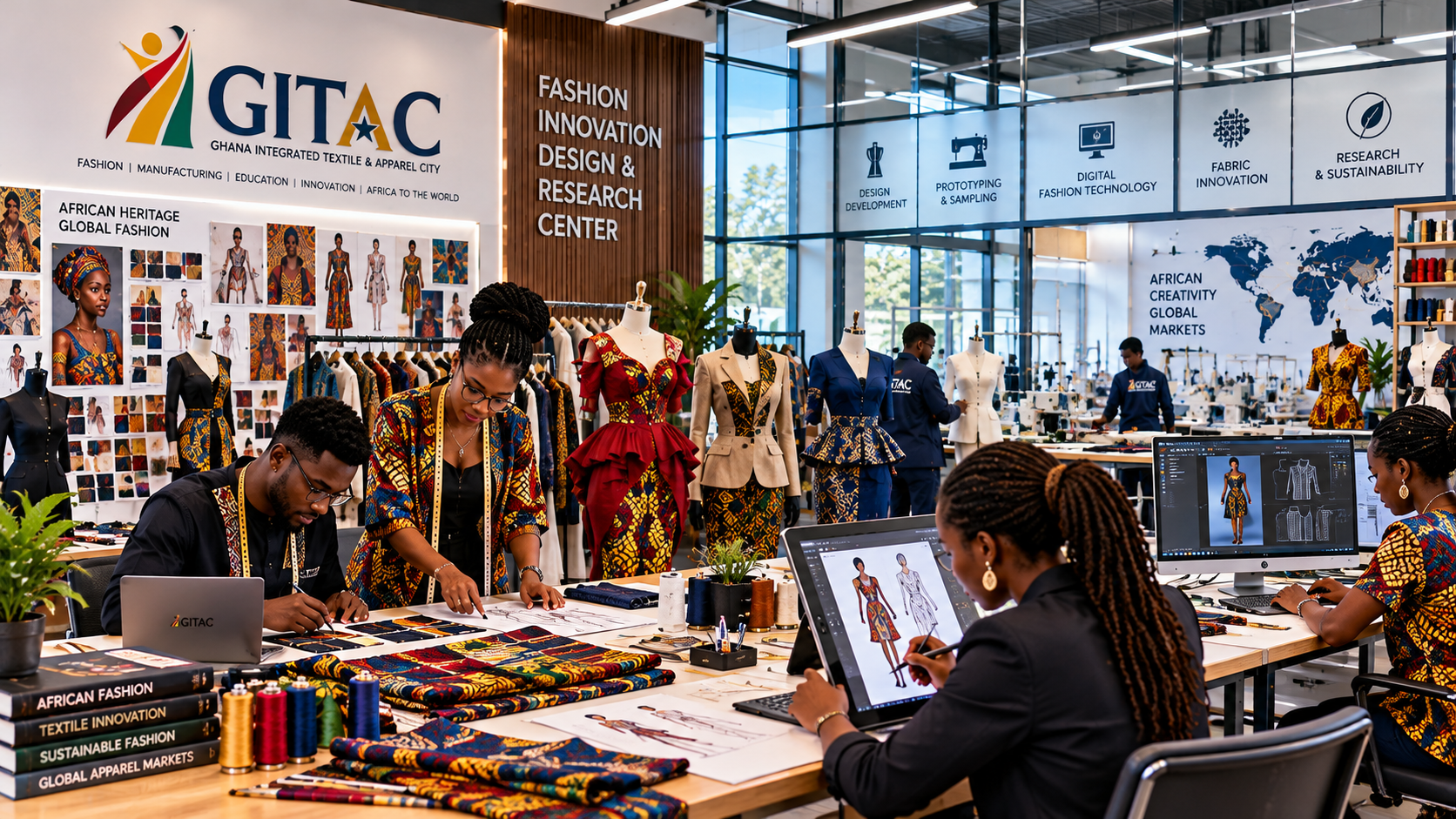 Interior of the Ghana Integrated Textile and Apparel City (GITAC) Fashion Innovation Research Center, showing designers working on fabric and clothing designs with mannequins, fashion sketches, and computers. The space has large windows, mannequins dressed in colorful garments, shelves of fabric, and a wall with a world map and icons related to fashion innovation.