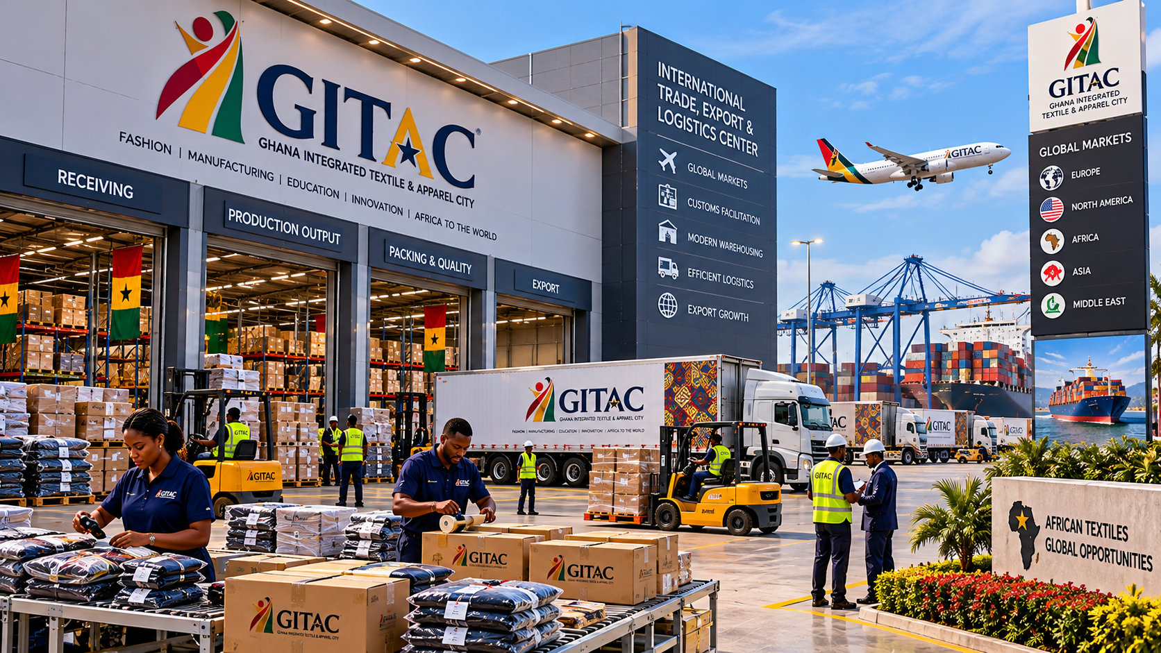 Outdoor view of the Ghana International Trade, Export & Logistics Center (GITAC) with workers handling textiles and apparel, trucks arriving and departing, and large banner displaying services and global markets.