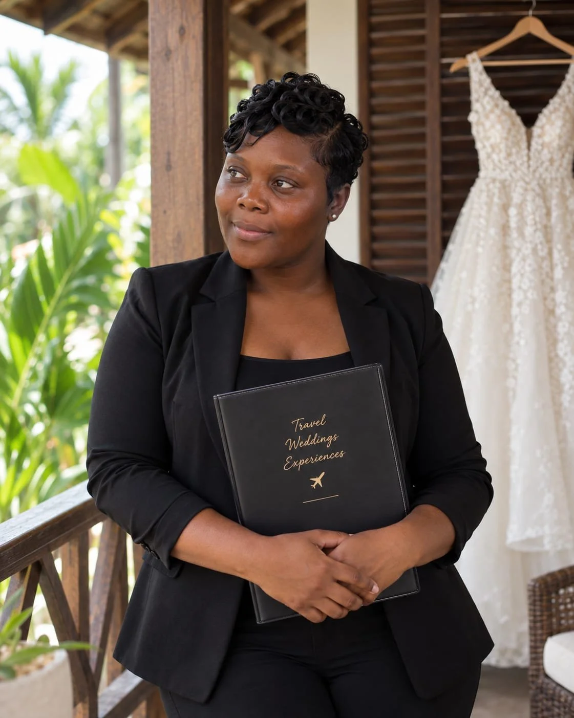 Woman holding a folder labeled 'Travel Weddings Experiences' standing near a wedding dress and greenery.