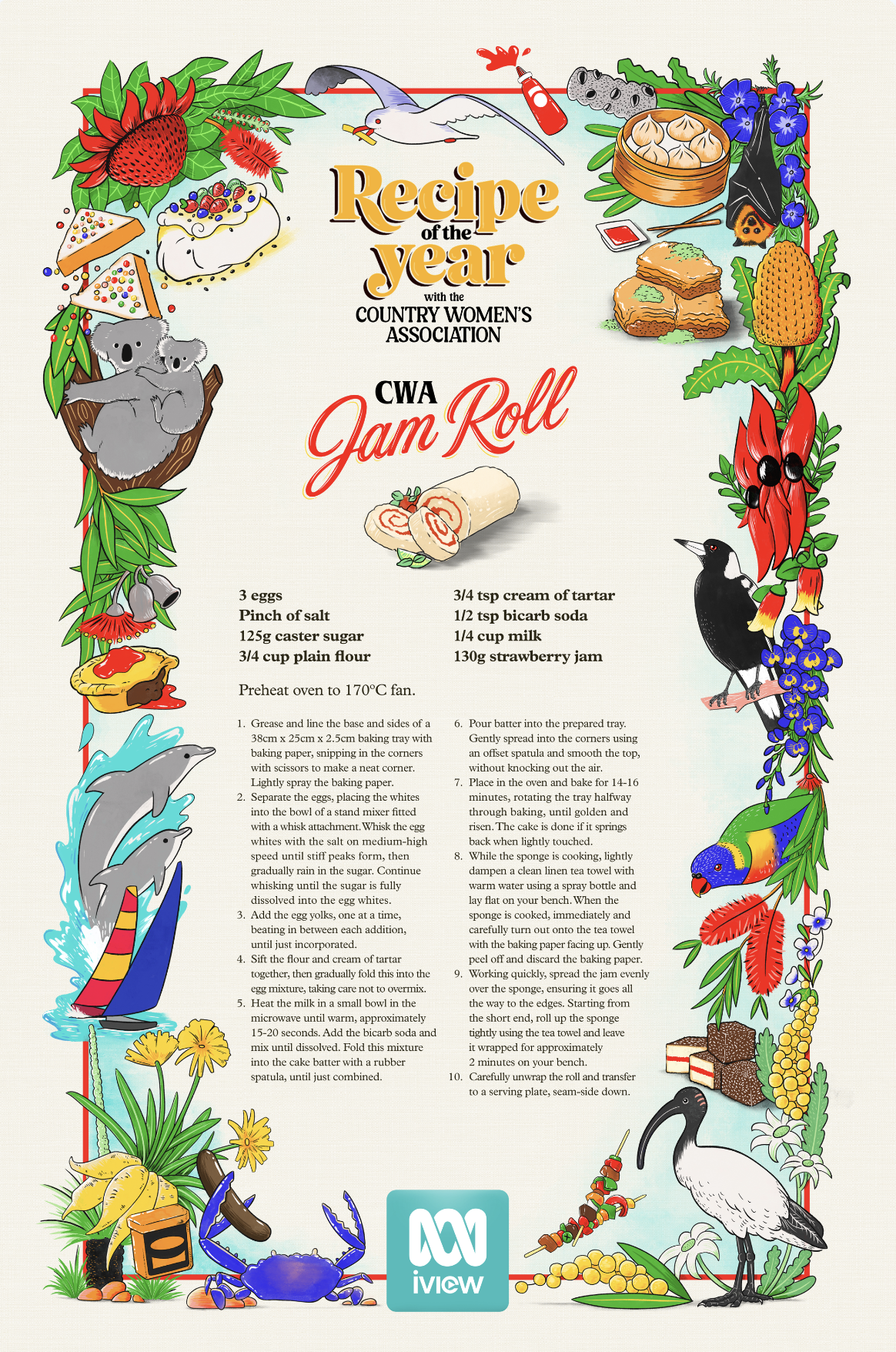 Illustrated CWA Jam Roll recipe poster featuring Australian wildlife, native flowers, foods, ingredients, and baking instructions.