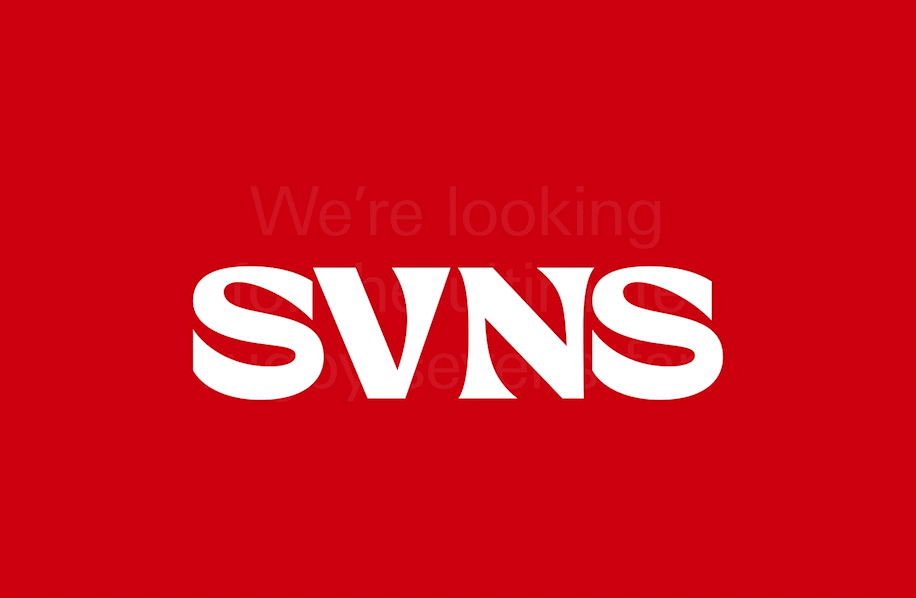 White “SVNS” logo centered on a red background