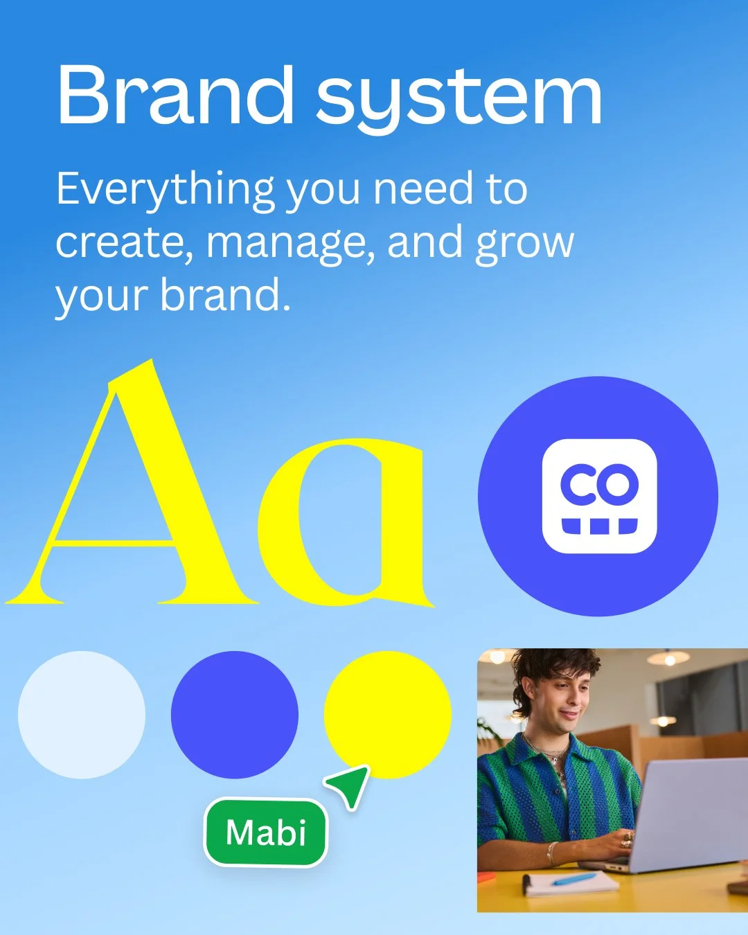 Brand system design board with blue gradient background, typography, yellow logo, color palette, Mabi label, CO icon, and man working on a laptop