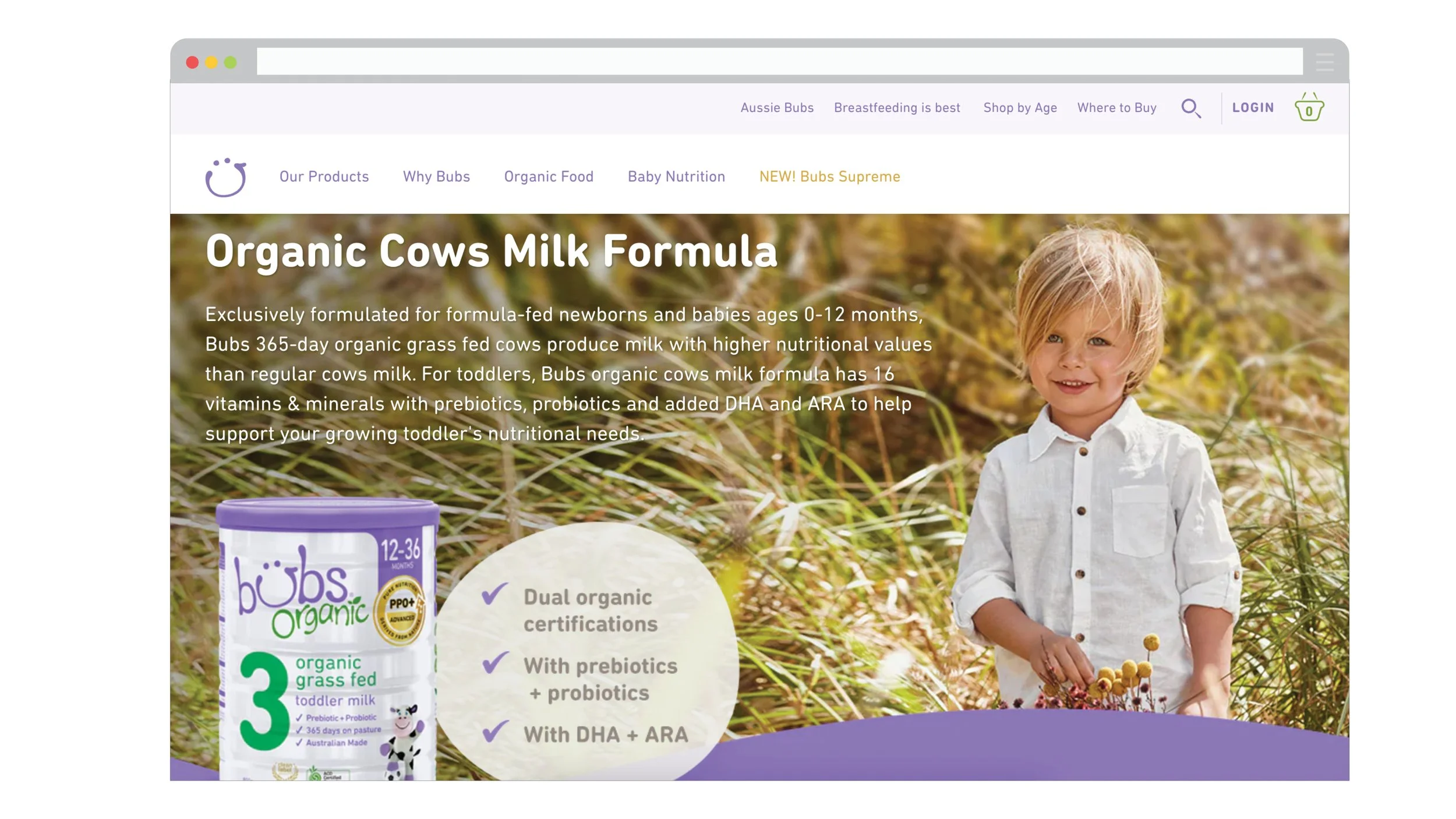 Bubs Organic grass-fed toddler milk formula webpage featuring a child outdoors and a formula container for ages 12–36 months