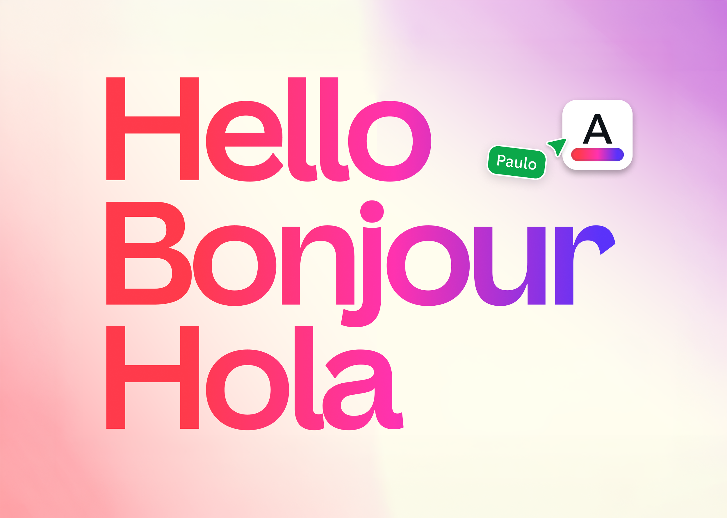 Colorful “Hello Bonjour Hola” greeting graphic with Paulo language label and translation app icon.