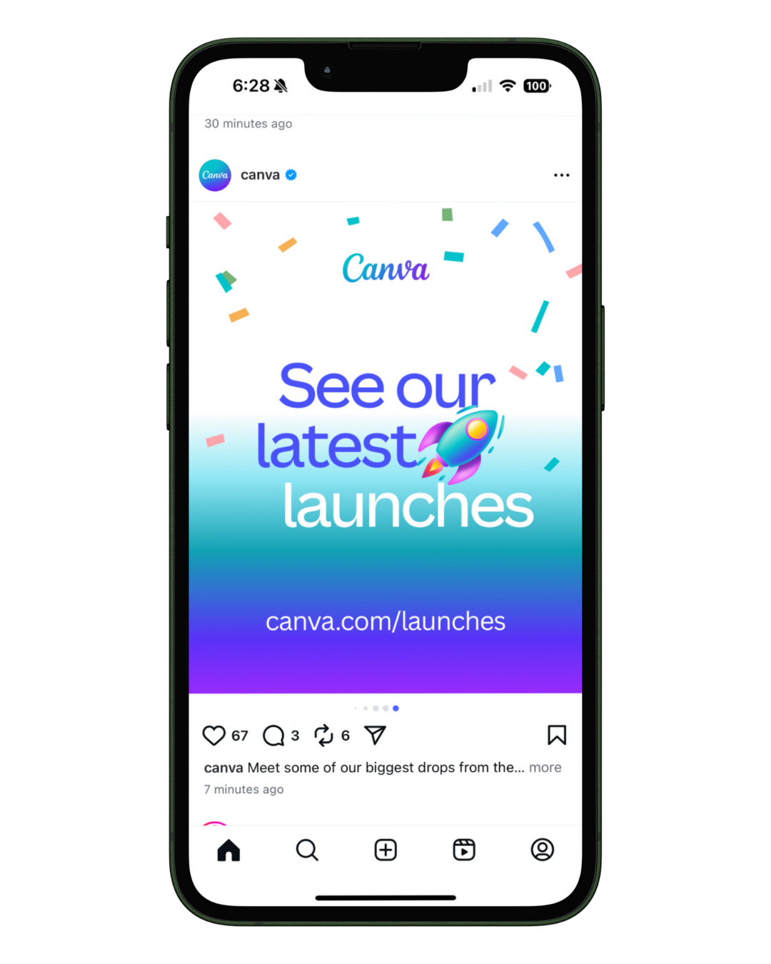 Instagram post from Canva promoting its latest launches, displayed on a smartphone screen with colorful confetti and rocket graphic