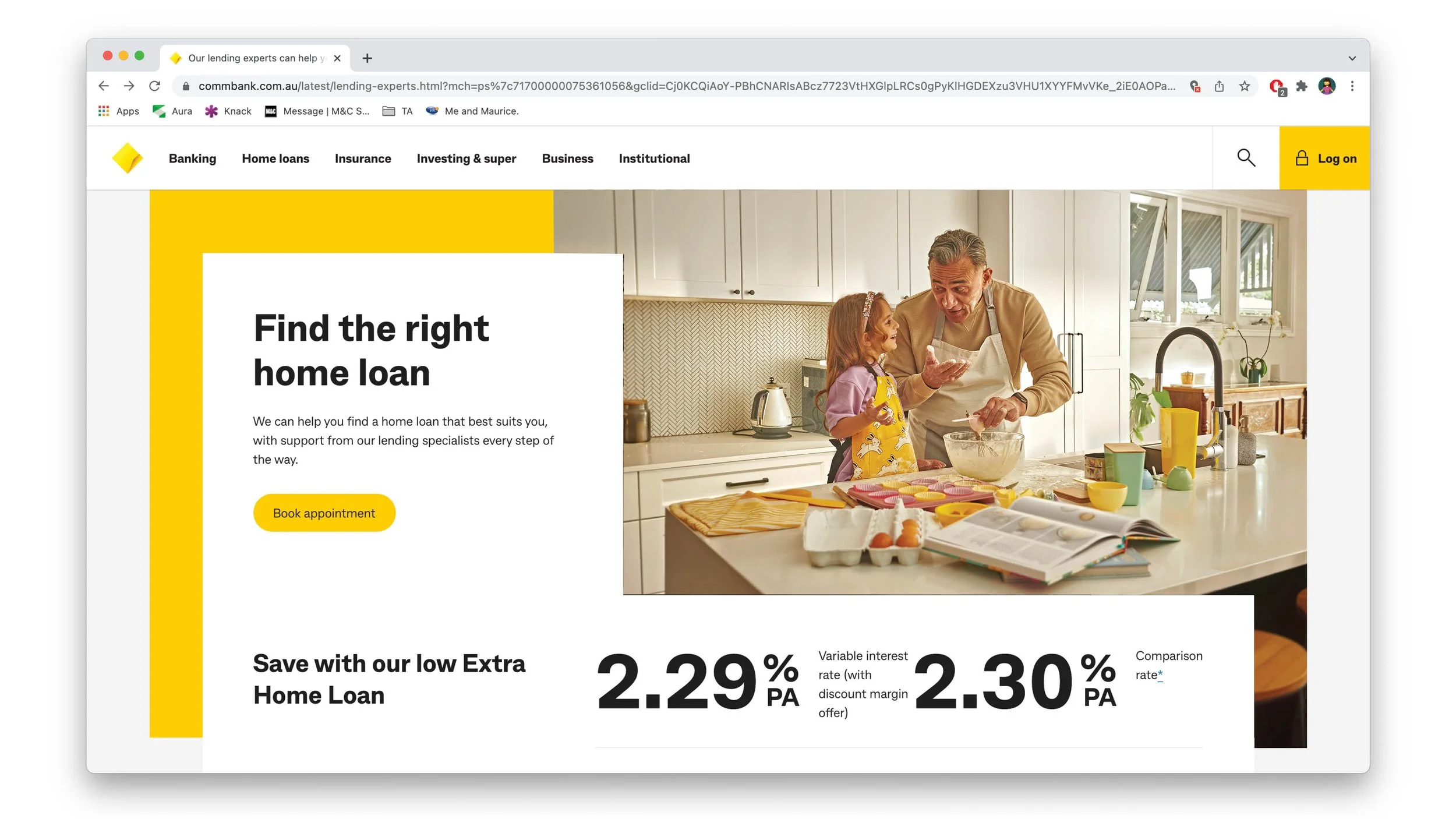 CommBank home loan webpage showing a father and daughter baking in a bright kitchen, with home loan rates and a “Book appointment” button.