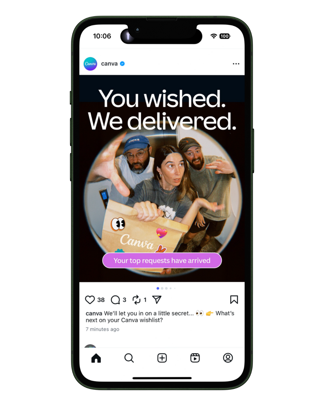 Canva Instagram post displayed on a smartphone, showing three people delivering a Canva wishlist box with the headline "You wished. We delivered."