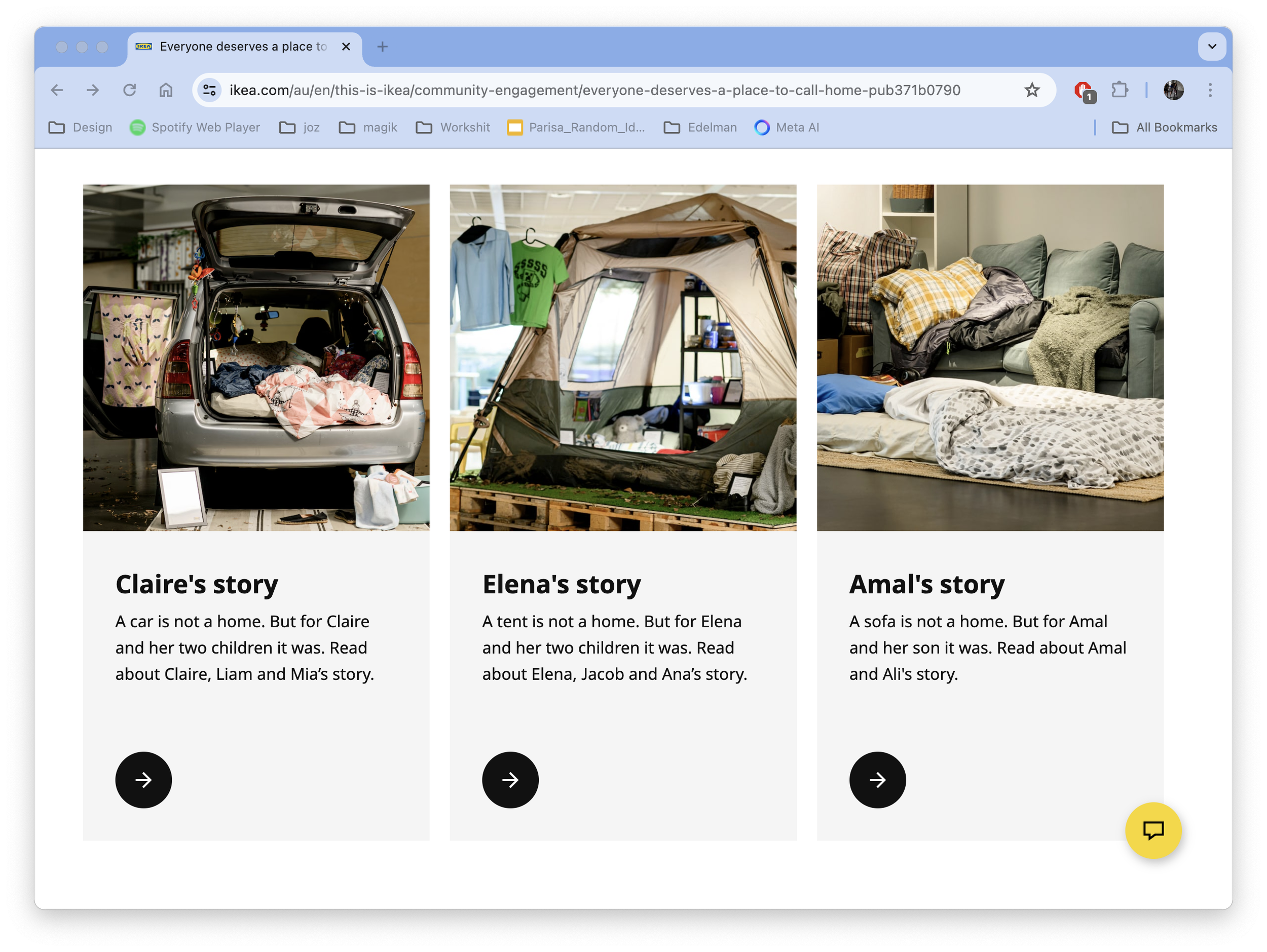 IKEA webpage showing three stories about families living in a car, tent, and sofa, labeled Claire's story, Elena's story, and Amal's story.