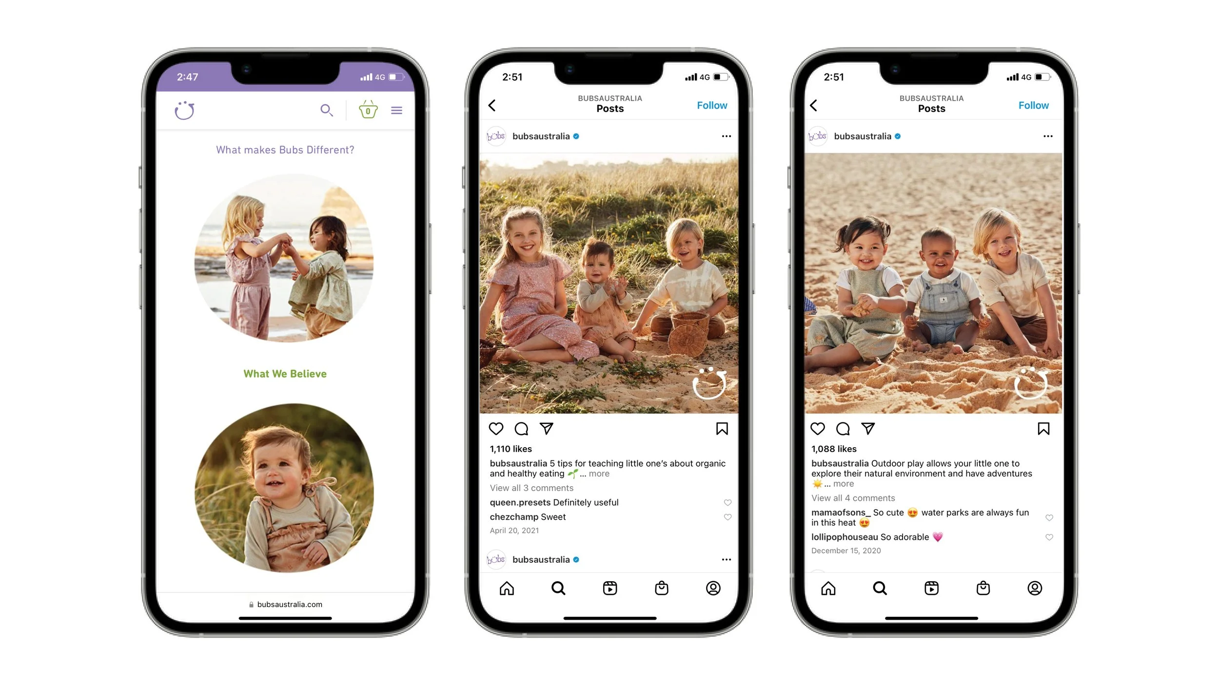 Three smartphone mockups showing the Bubs Australia website and Instagram posts featuring children playing outdoors at the beach.