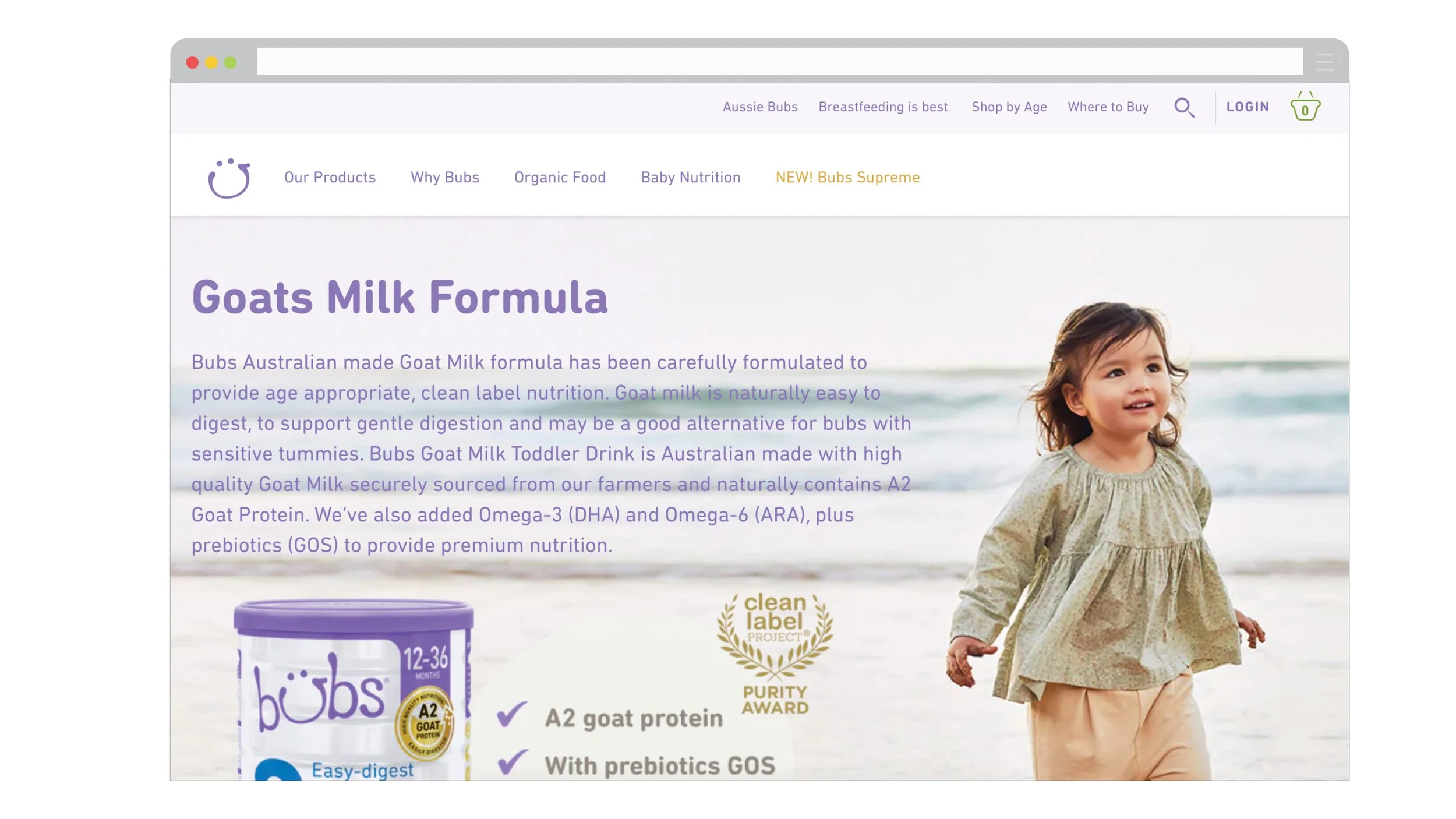 Bubs Australian goat milk formula webpage featuring a toddler at the beach and a can of A2 goat milk toddler drink.