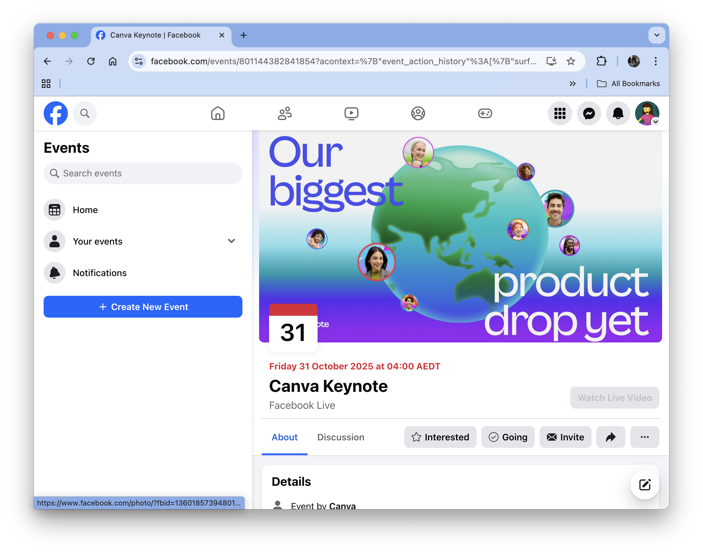 Facebook Events page displaying a Canva Keynote event with a colorful globe graphic, participant portraits, and the text “Our biggest product drop yet.”