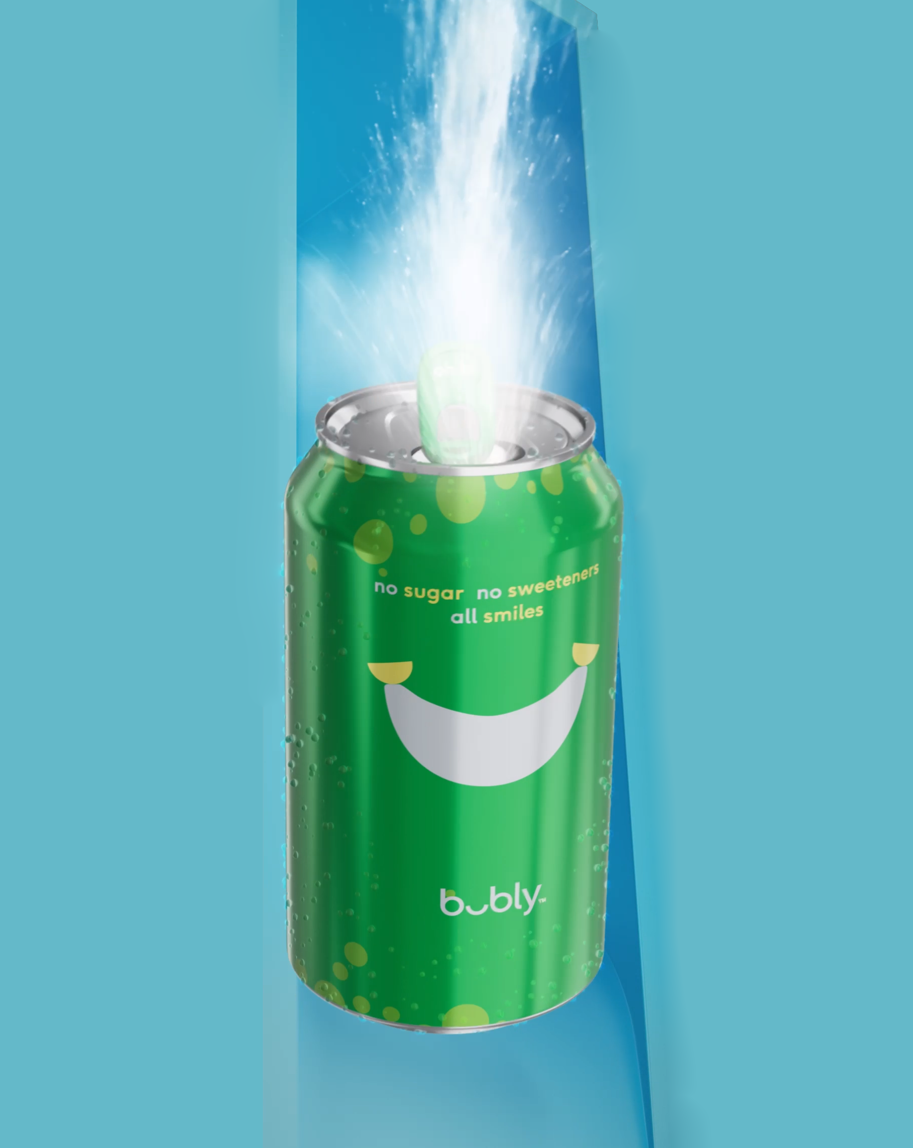 Green Bubly sparkling water can with a smiling face design, no sugar and no sweeteners text, and water splashing from the open top
