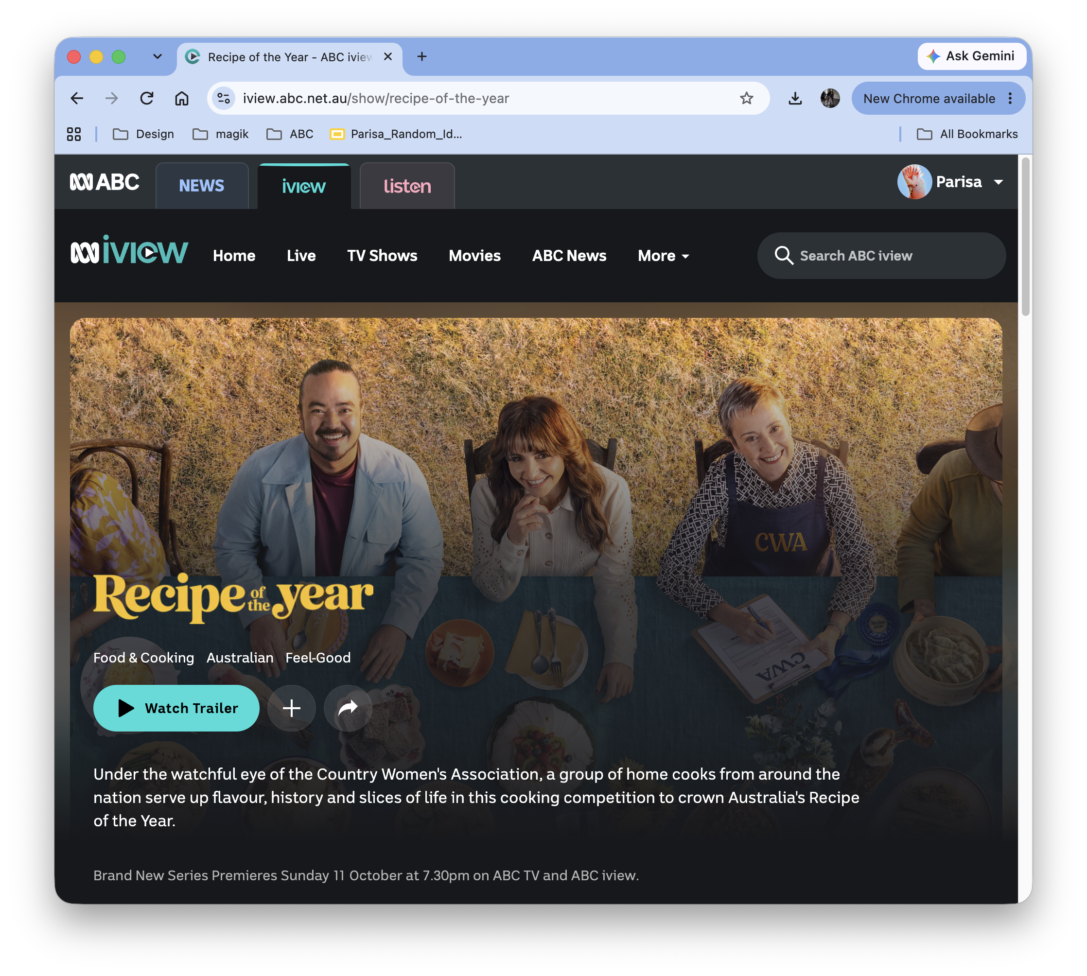 ABC iview Recipe of the Year cooking competition webpage featuring four cooks seated at a table with dishes and the show title