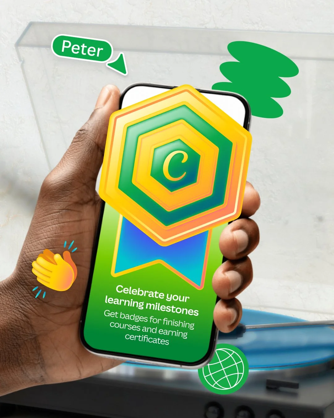 Hand holding a smartphone displaying a learning app milestone badge and text about earning certificates