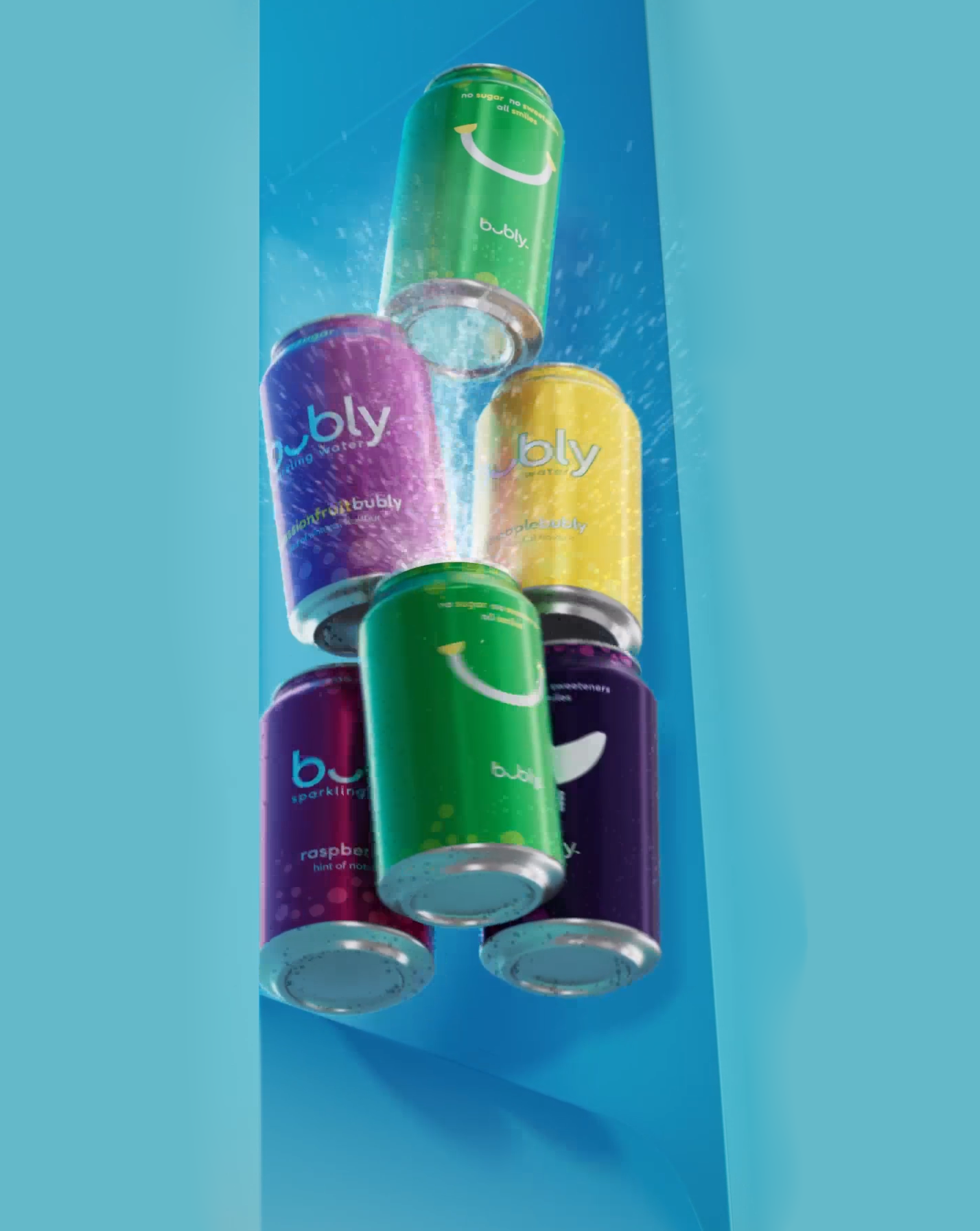 Assorted colorful Bubly sparkling water cans floating against a blue background with splashing water