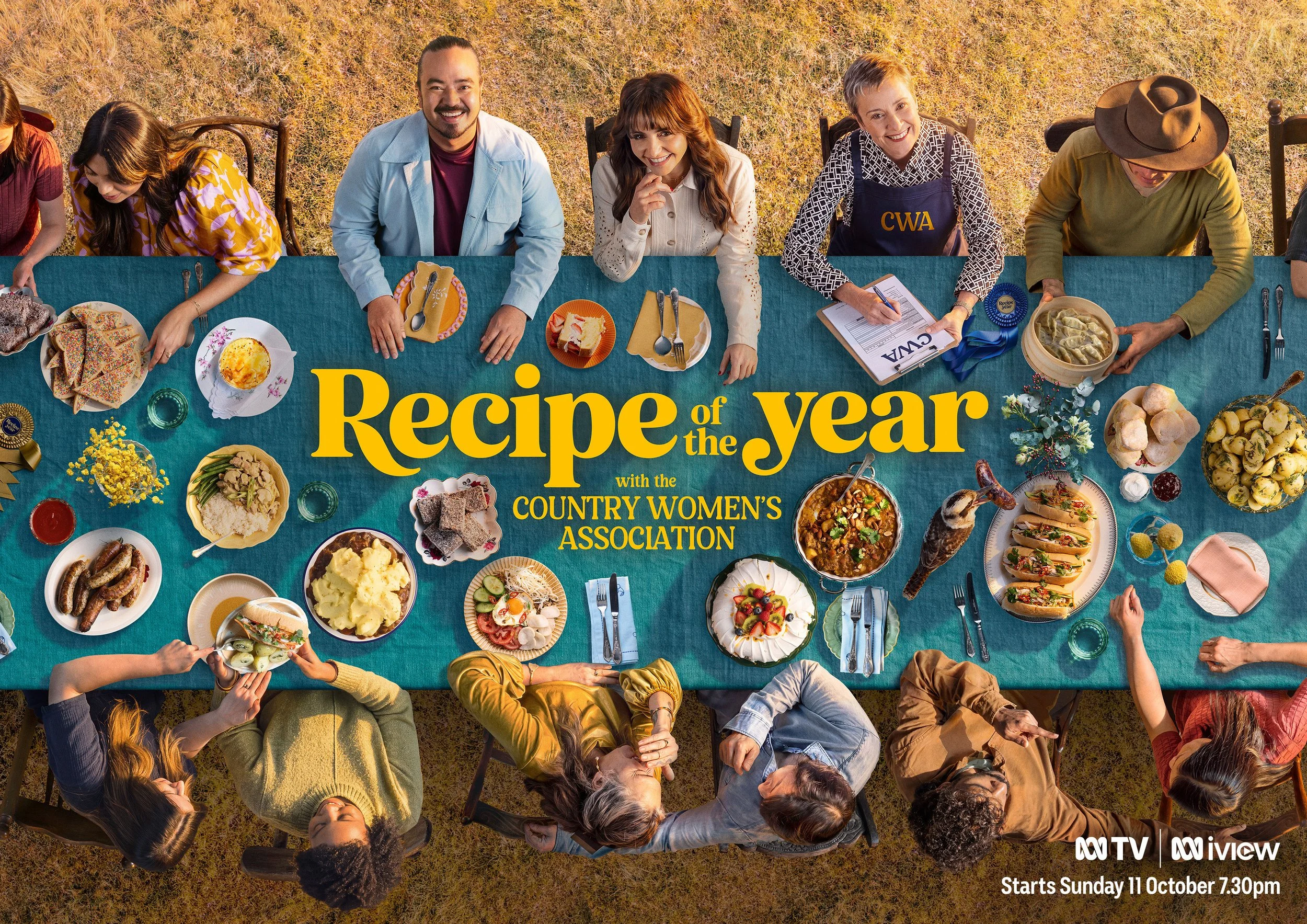 Overhead promotional poster for Recipe of the Year with the Country Women's Association, showing people gathered around a table filled with food and the text “Starts Sunday 11 October 7.30pm.”