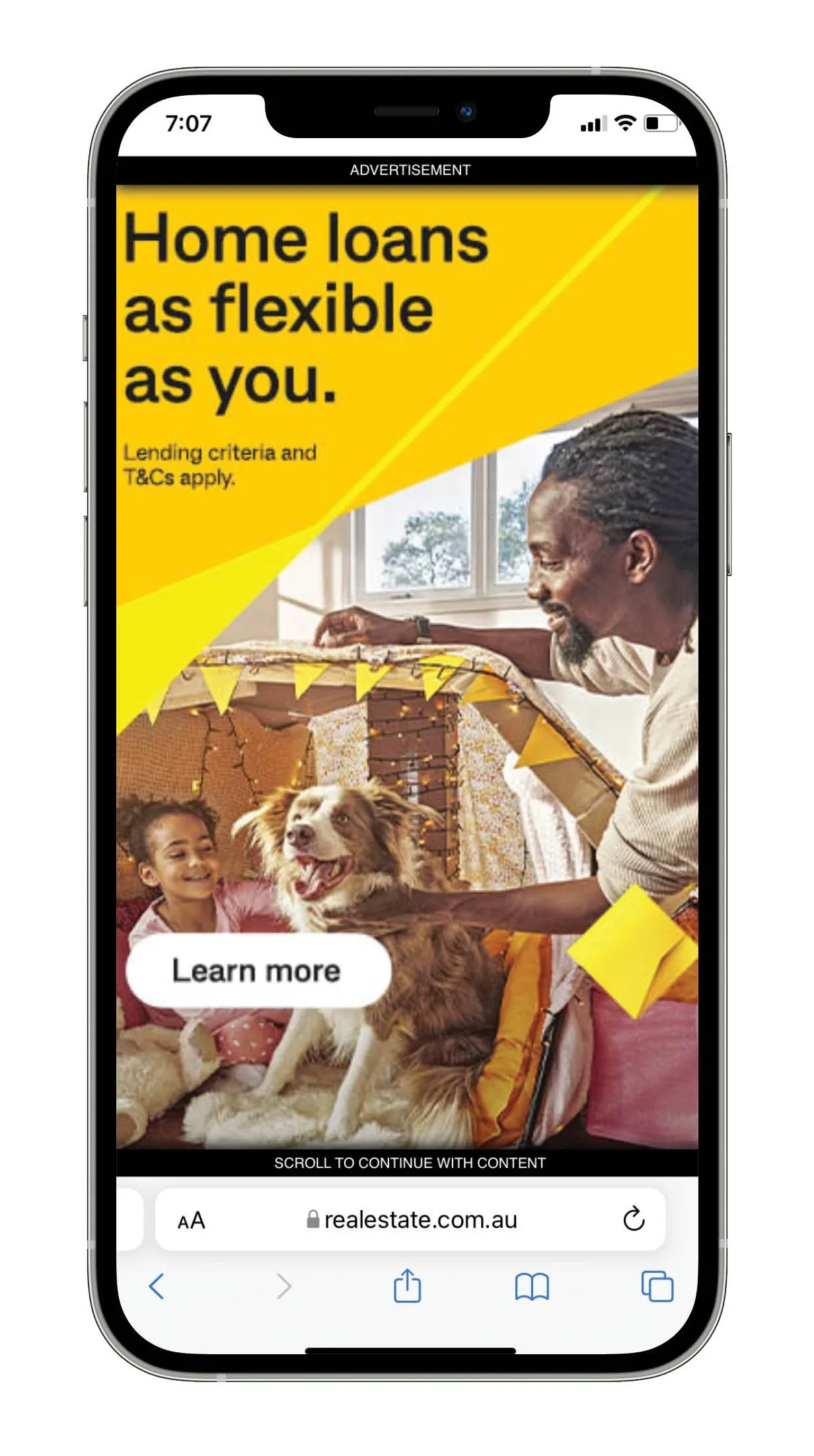 Smartphone displaying a home loan advertisement with a father, child, and dog decorating a room, and a “Learn more” button.