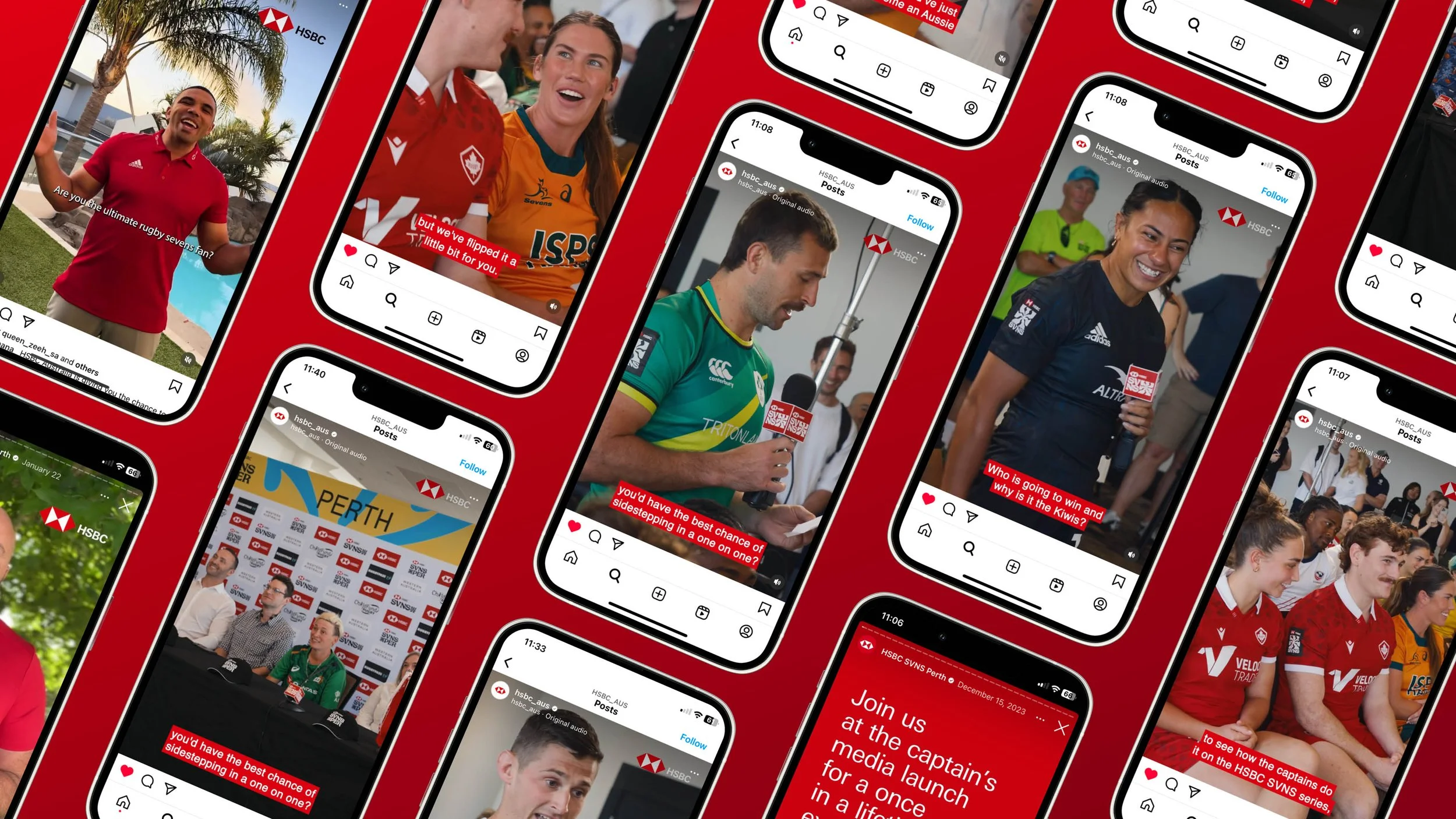 HSBC Australia rugby sevens social media campaign collage displayed on tilted smartphones against a red background