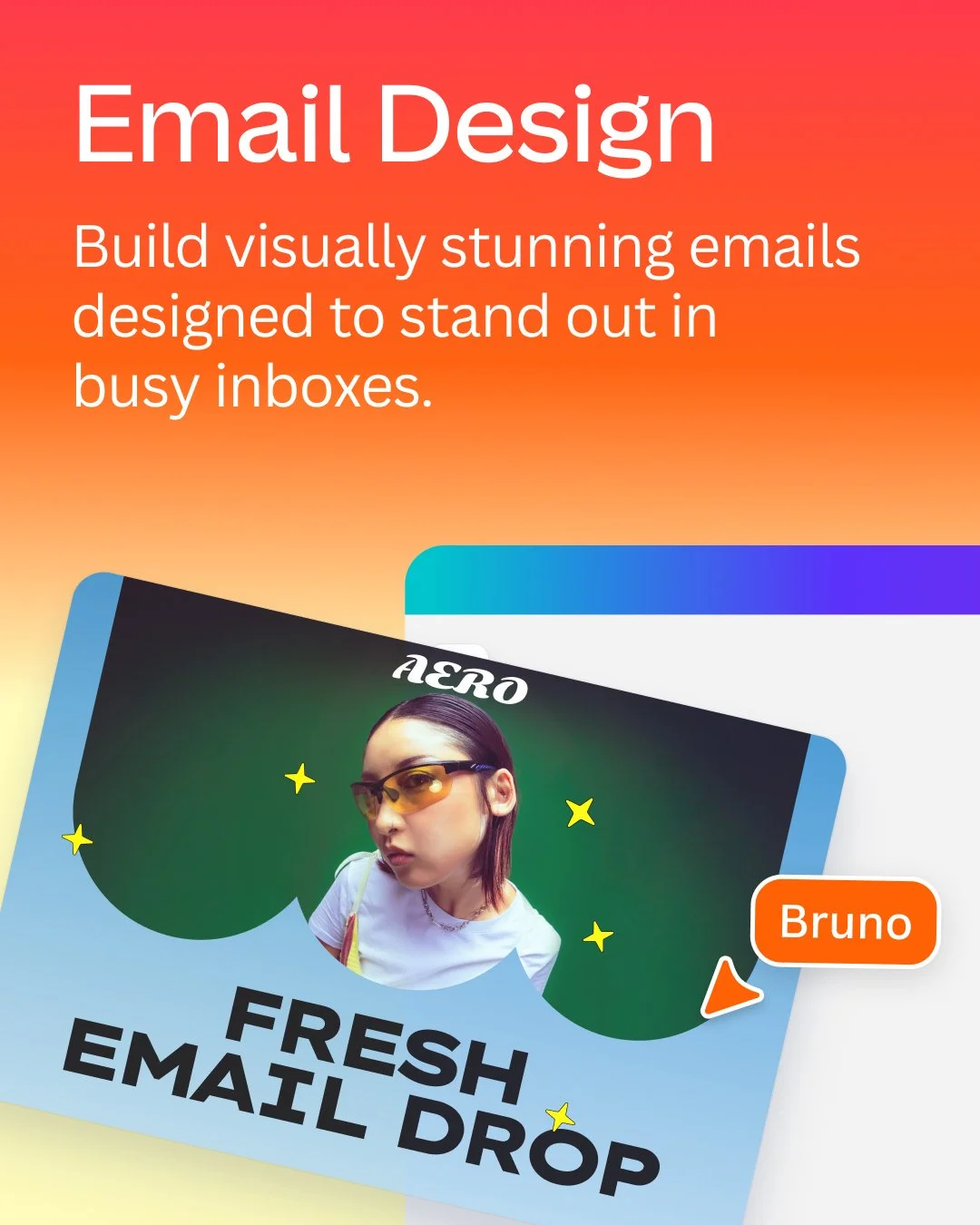 Email design banner with white text on an orange gradient and a colorful promotional email mockup featuring a woman in sunglasses and “Fresh Email Drop” text.