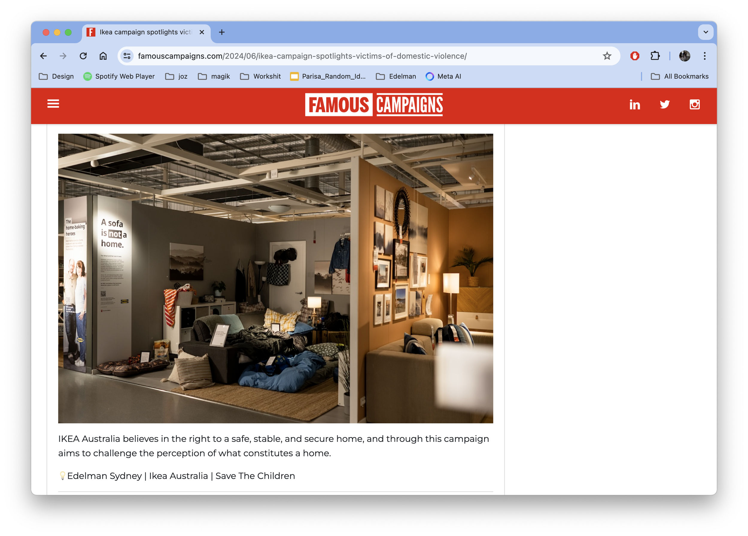 IKEA Australia campaign display featuring furnished living spaces and the message “A sofa is not a home” in a Famous Campaigns webpage.