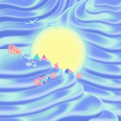 Surreal pastel illustration of people and small boats floating on flowing blue waves around a glowing yellow sun