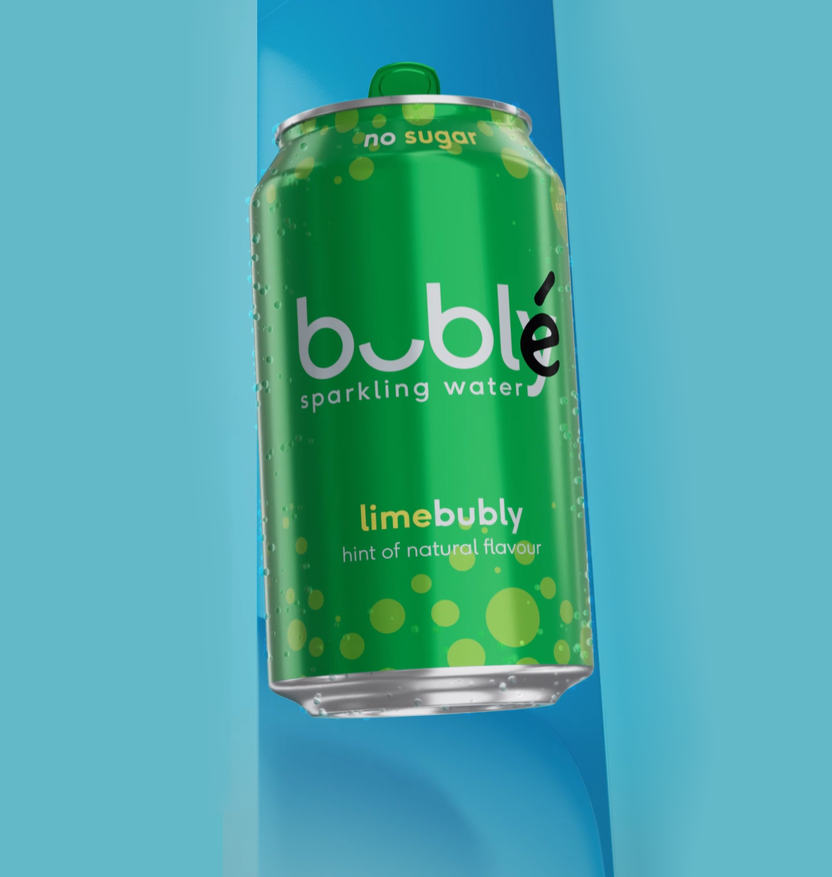 Green Bubly lime sparkling water can with condensation against a blue background