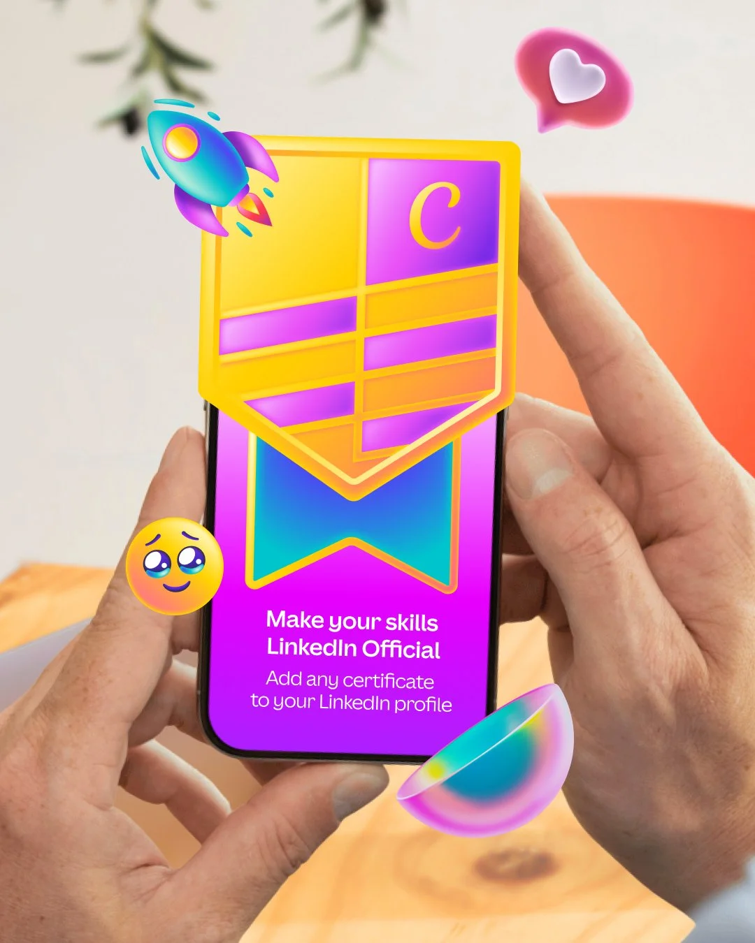 Hands holding a smartphone displaying a colorful LinkedIn certificate graphic with the text “Make your skills LinkedIn Official.”