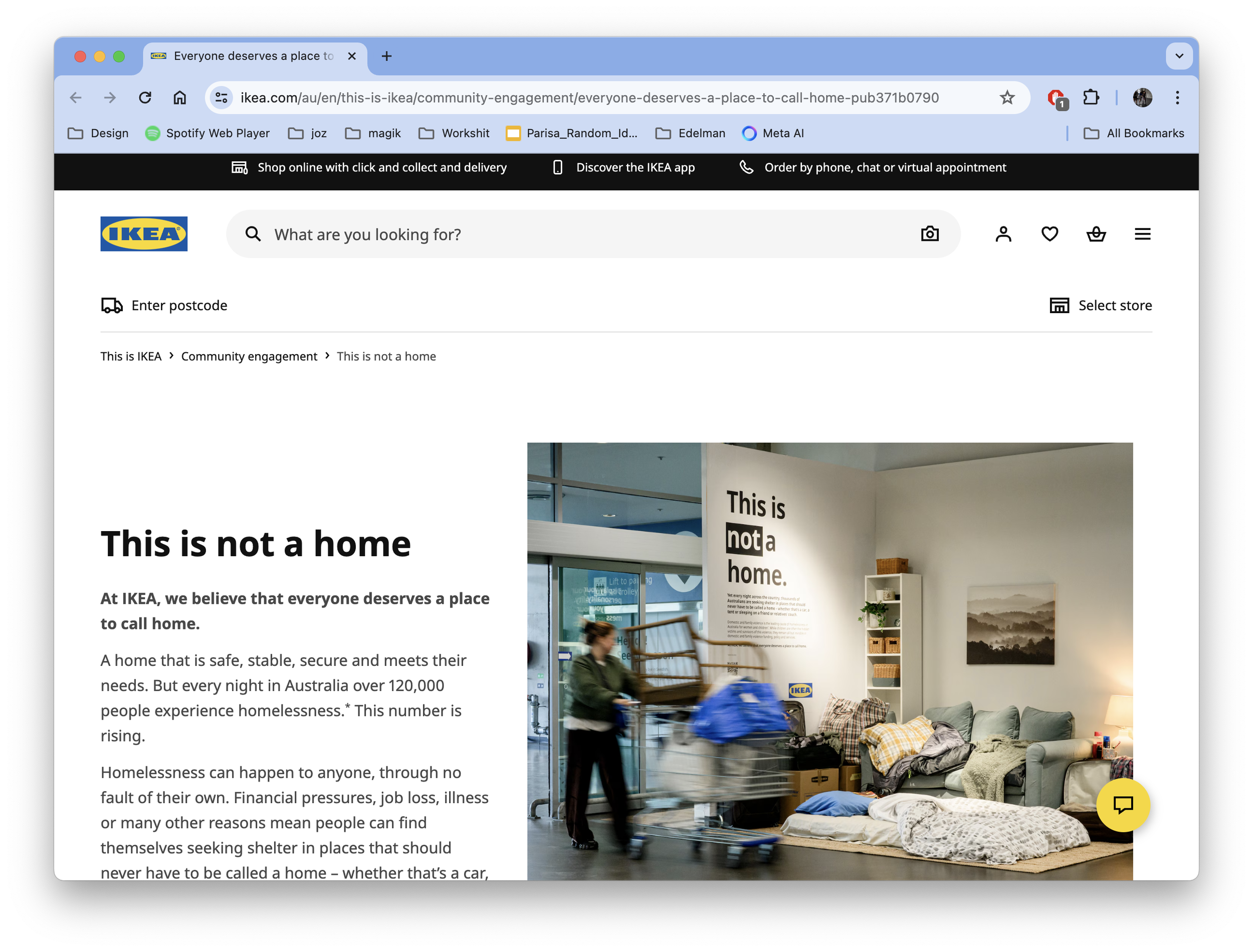 Screenshot of an IKEA webpage titled “This is not a home,” featuring a staged room with beds, bedding, a sofa, and personal belongings to highlight homelessness.