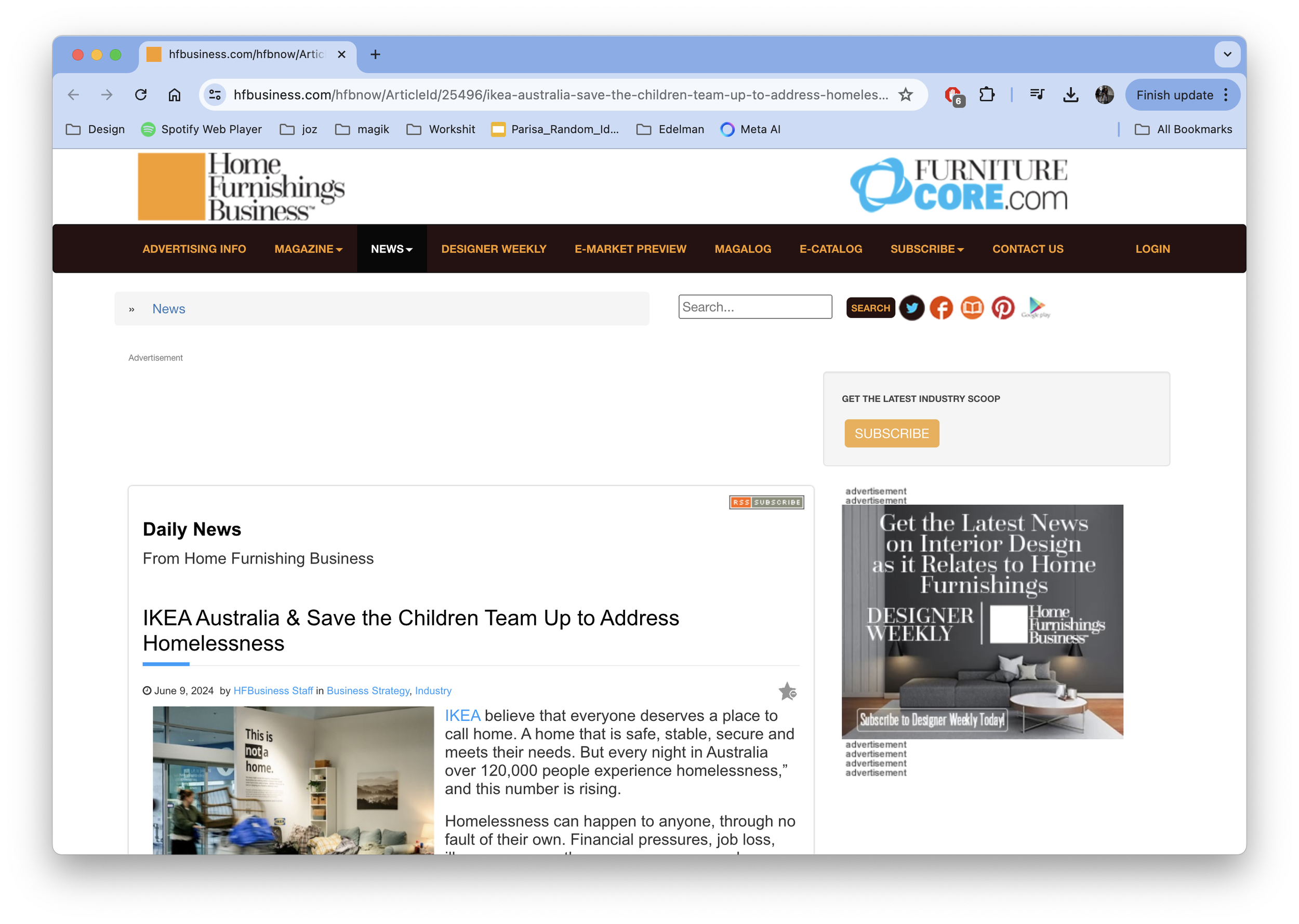Screenshot of a Home Furnishings Business webpage featuring an IKEA Australia and Save the Children homelessness article.
