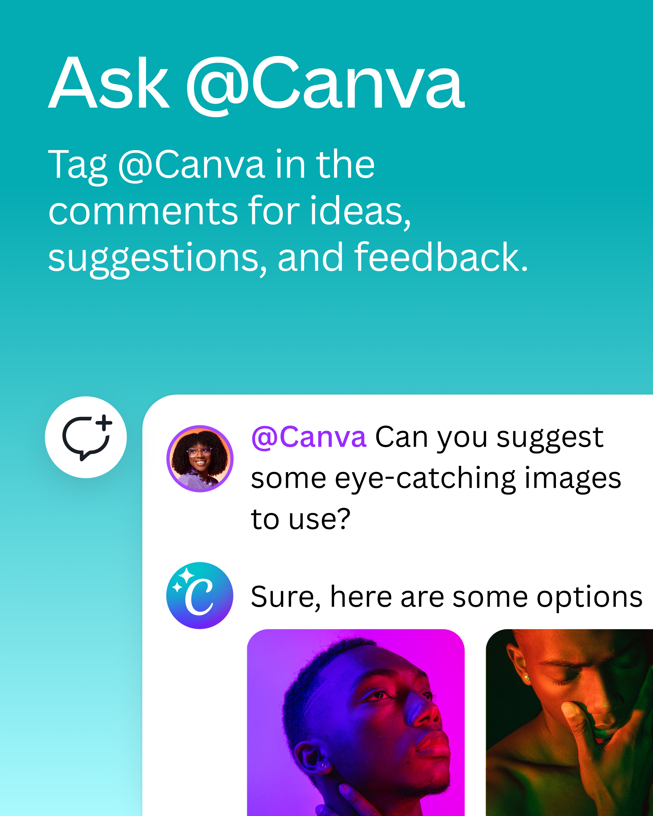 Canva graphic reading “Ask @Canva” with a social media comment conversation and colorful portrait image suggestions.
