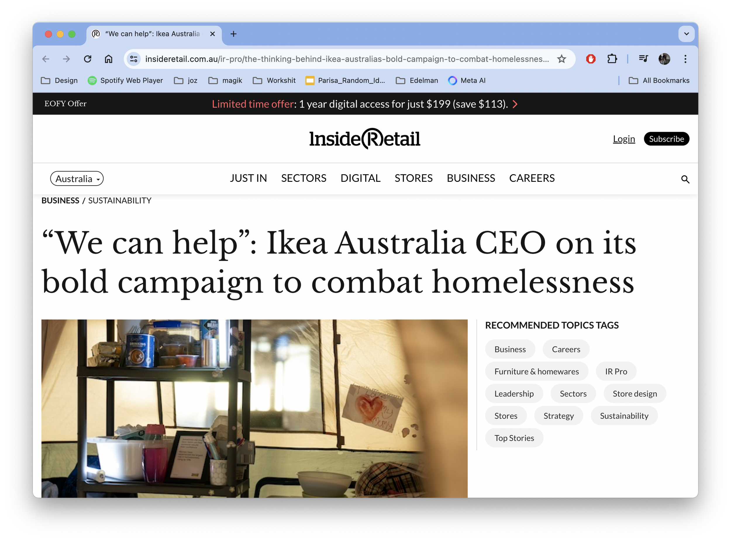 Screenshot of an Inside Retail Australia article about IKEA Australia's campaign to combat homelessness, showing a tent interior and topic tags.
