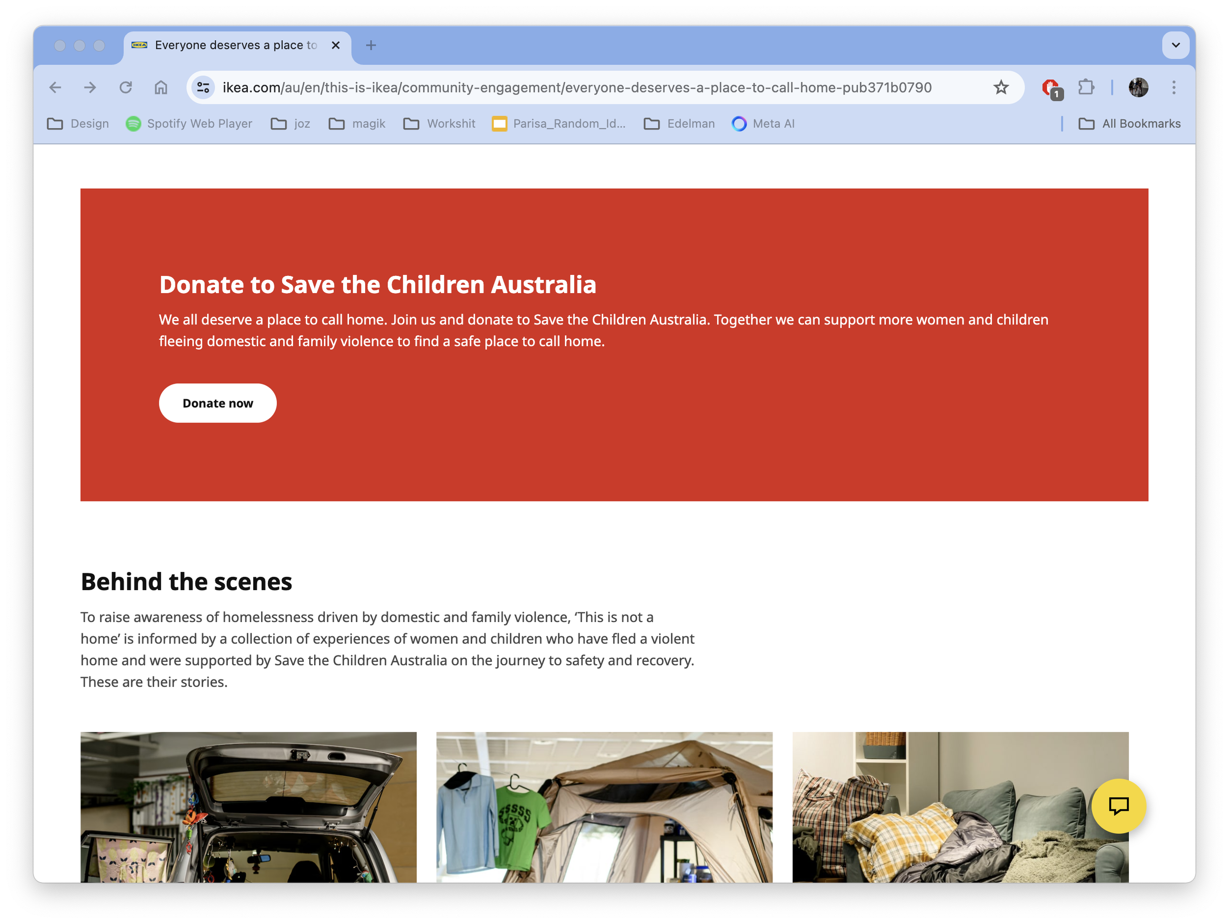 IKEA webpage promoting donations to Save the Children Australia, with a red donation banner and behind-the-scenes photos.