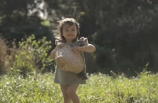 Smiling young girl carrying a large woven basket through a sunlit grassy field
