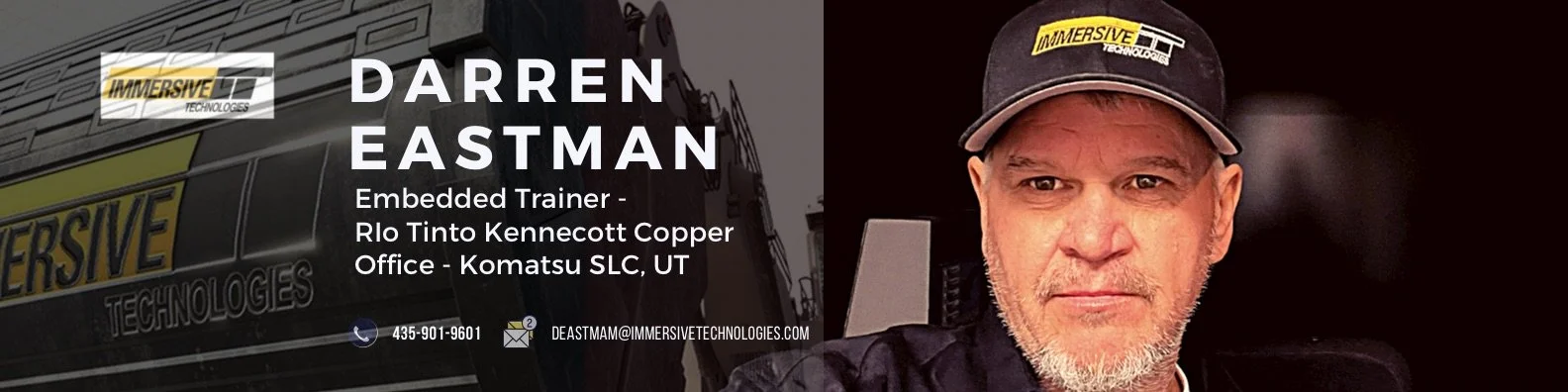 Business card or promotional image for Darren Eastman, an embedded trainer at Immersive Technologies, with a background of a large equipment or machinery with the company's logo, and a portrait of Darren Eastman wearing a cap with the company's logo.