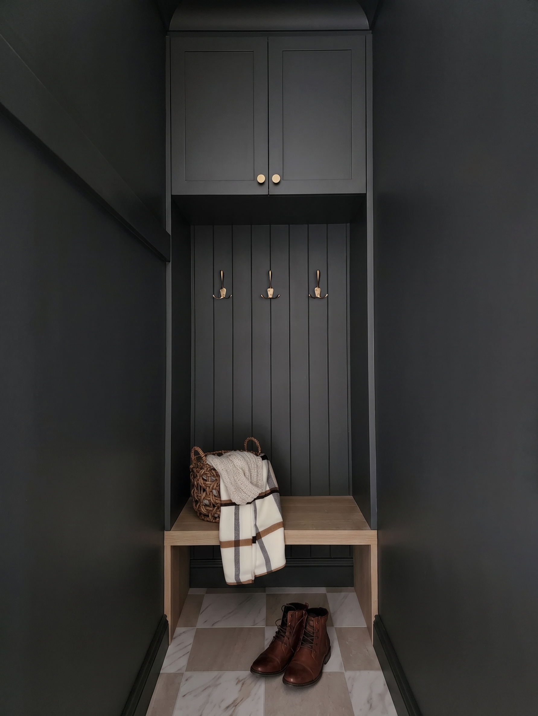 Mud room with bench seat and checkerboard floor, Bowral home renovation