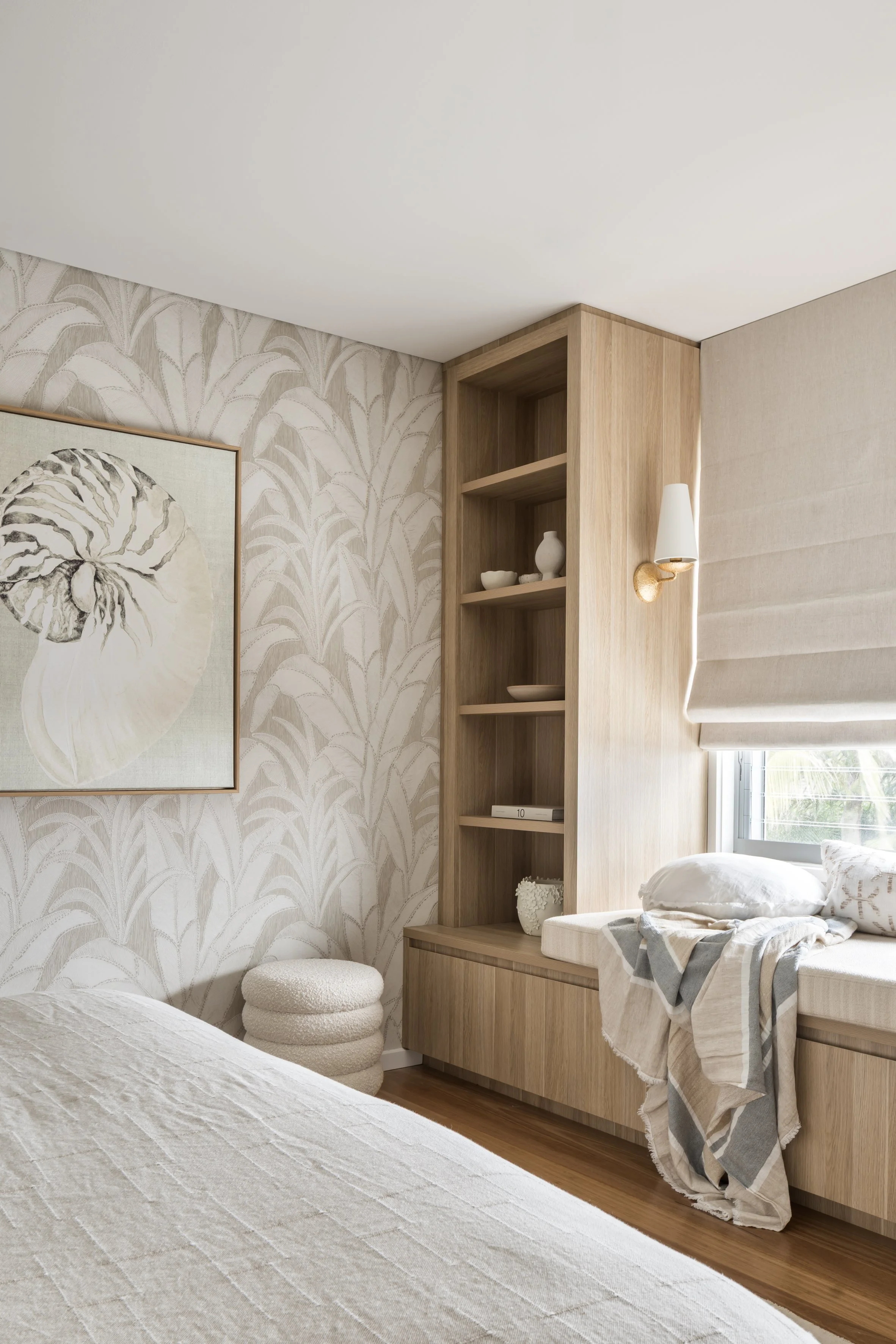 Bedroom window seat with built in timber shelving, Shell Cove