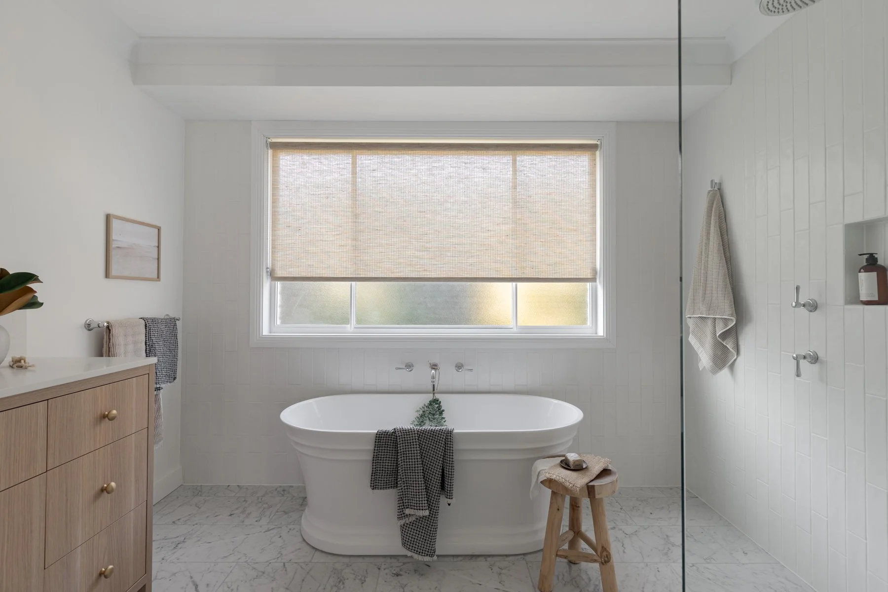 Main bathroom with freestanding bath and marble floor, Bowral