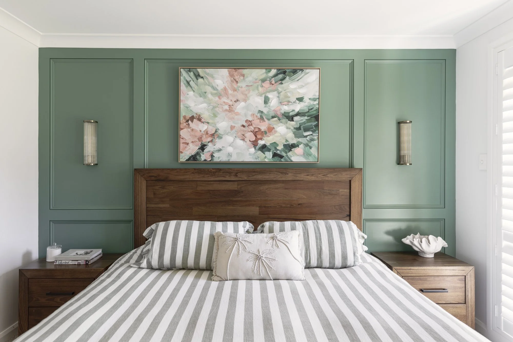 Main bedroom with sage green custom wall panelling, Albion Park