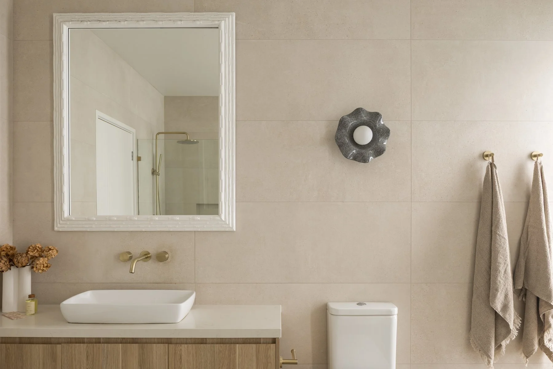 Timber vanity with brushed brass tapware, Shell Cove