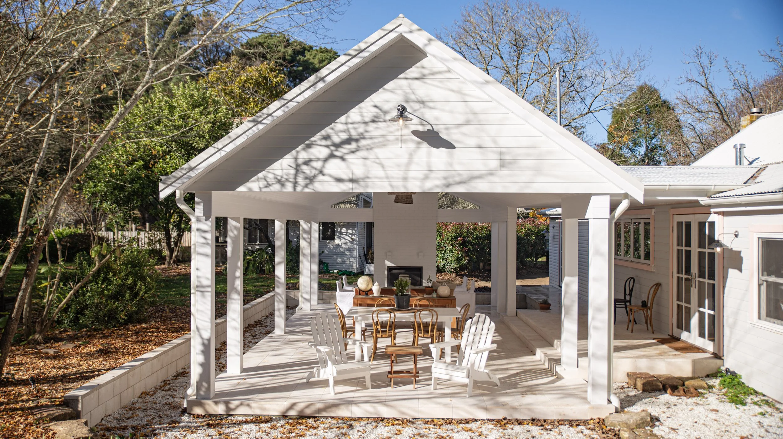 Freestanding white gabled alfresco with timber lined ceiling, Canyonleigh extension