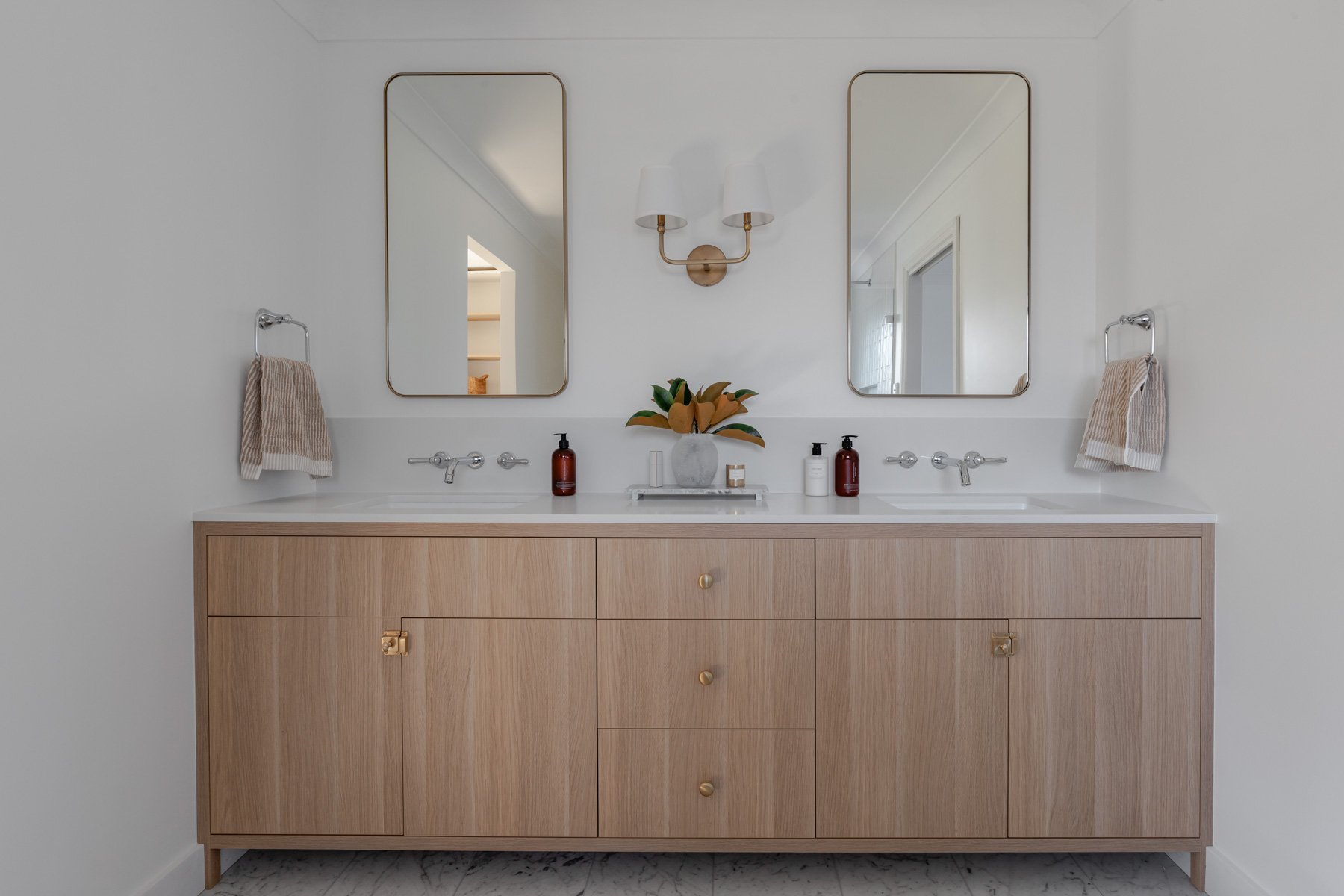 Timber double vanity with marble floor, Bowral country home renovation