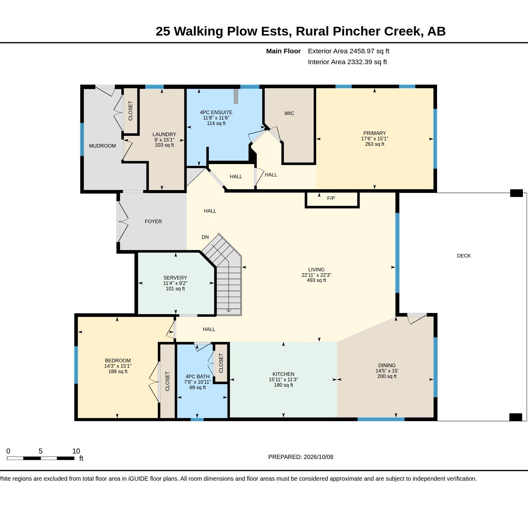 A detailed floor plan of a house showing various rooms including primary bedroom, bedroom, living room, kitchen, dining room, laundry, mudroom, foyer, servery, and bathrooms. Dimensions and areas are labeled for each room.