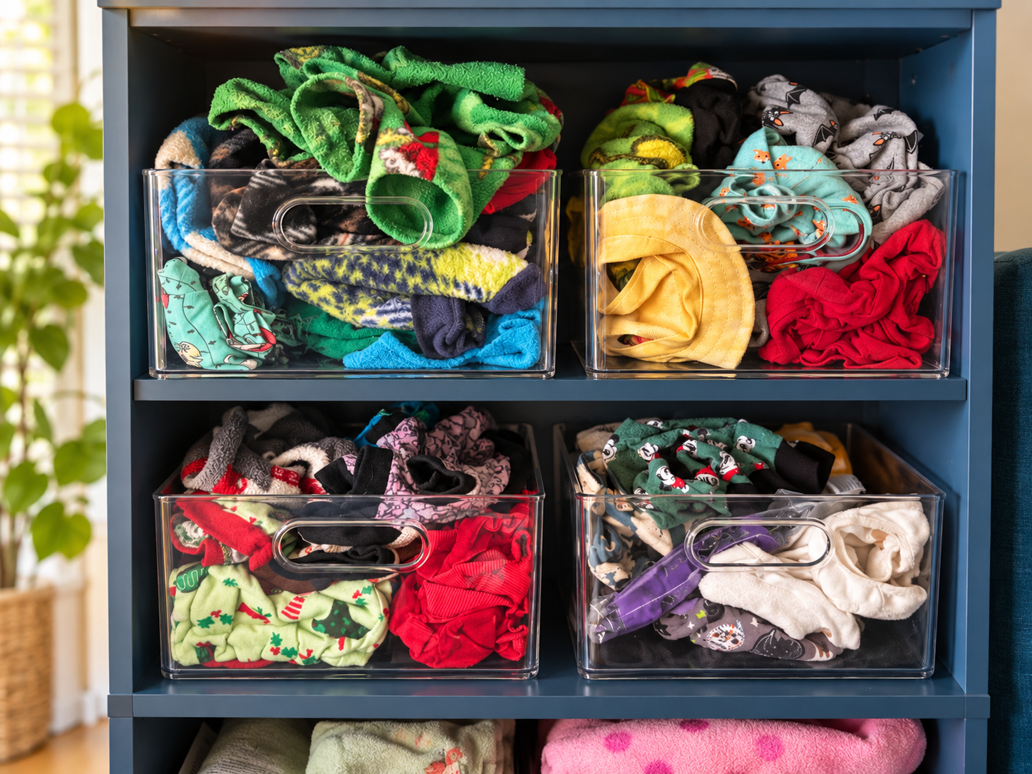 Clear storage bins filled with colorful pet clothing on the shelves of a dark cabinet.