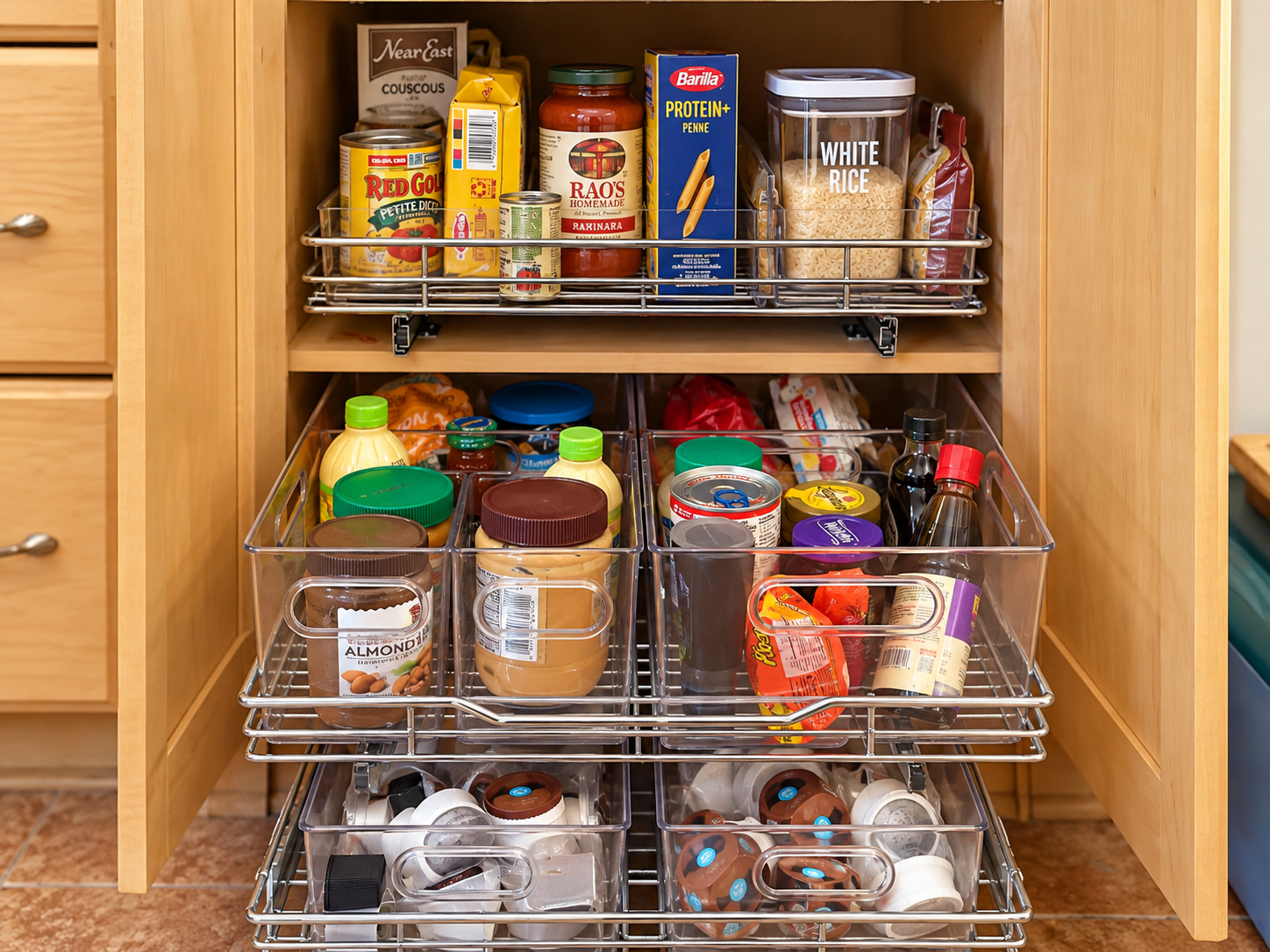 Open kitchen cabinet with pull-out wire shelves holding pantry foods and clear storage bins.